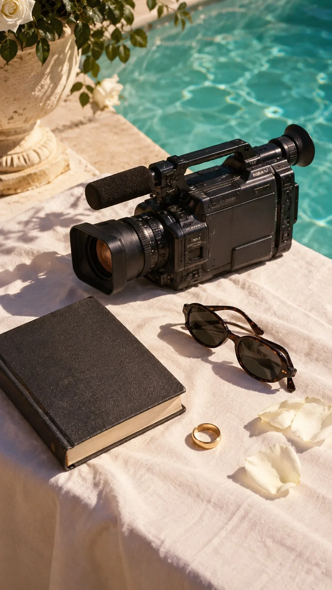 Still life flat lay of production props on a white-draped table by an outdoor pool: a vintage camcorder, dark book, and sunglasses