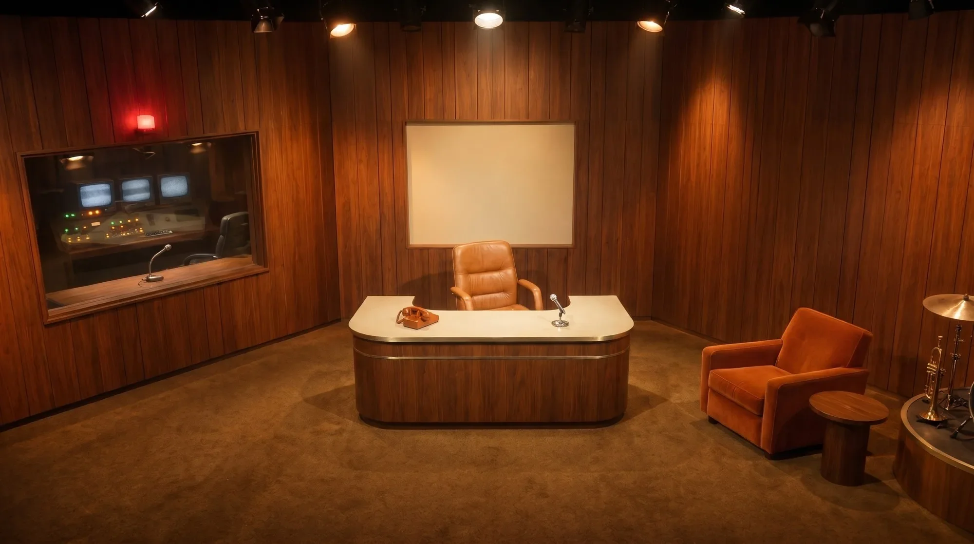 Wide studio view of a 1970s television talk-show set with walnut wood walls, curved broadcast desk, and studio lighting grid