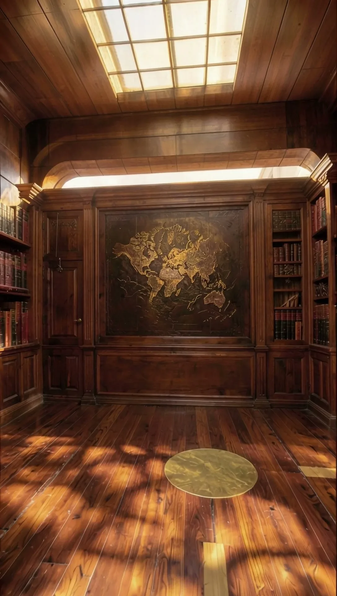 Vertical AI frame at the end of a dolly through a wood-panelled library: a carved world-map panel under a glowing arched light slot, skylight above and sunlit floorboards below