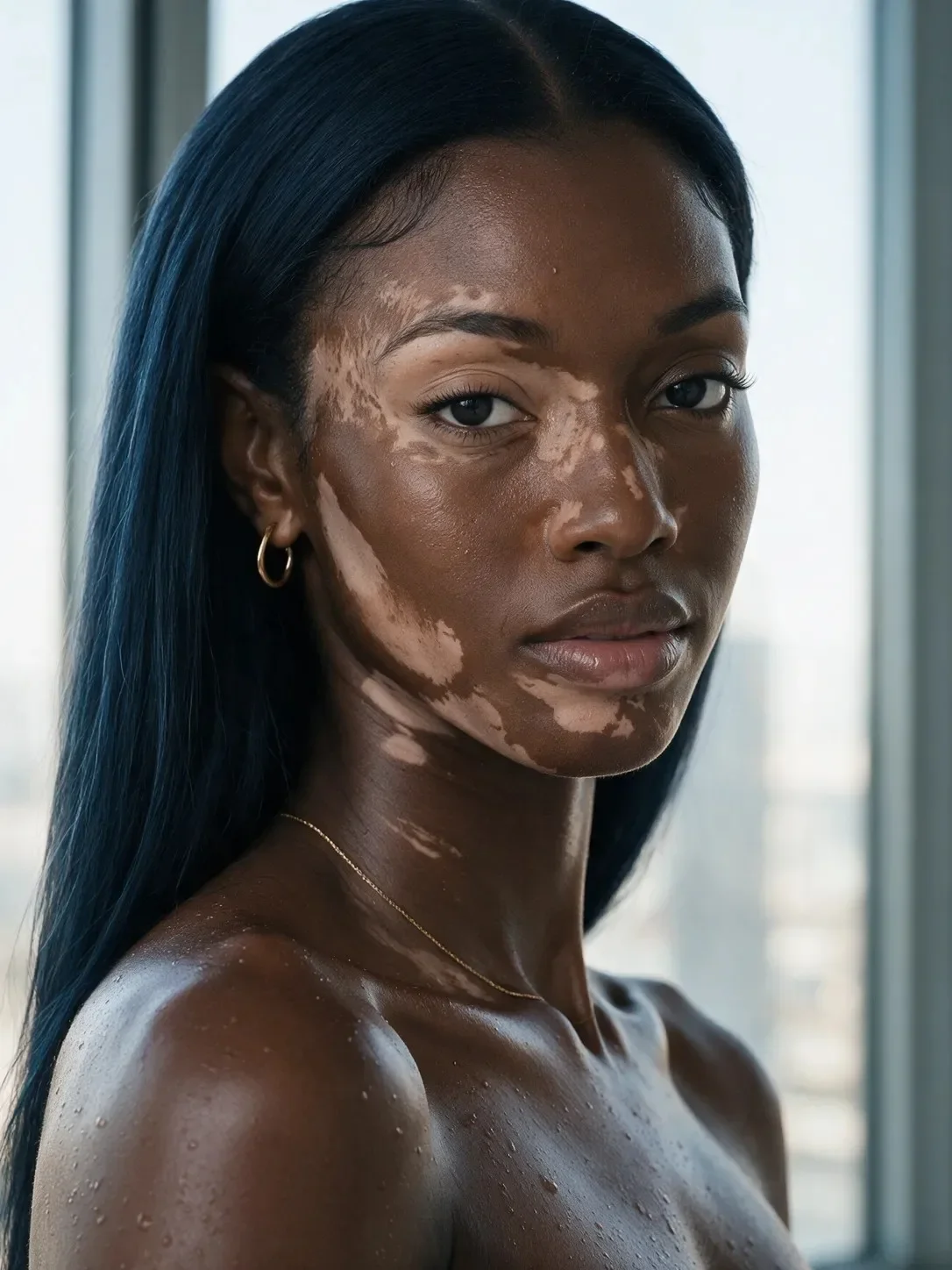 Synthetic model Donna Vaelith in a close portrait by a high window, her vitiligo pattern across the face and neck