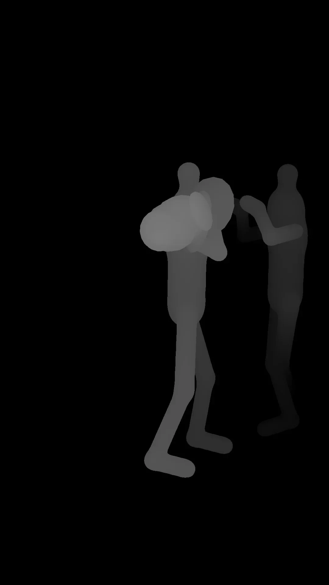 A depth pass from our headless Blender pipeline: two boxing figures rendered as grey depth silhouettes on black