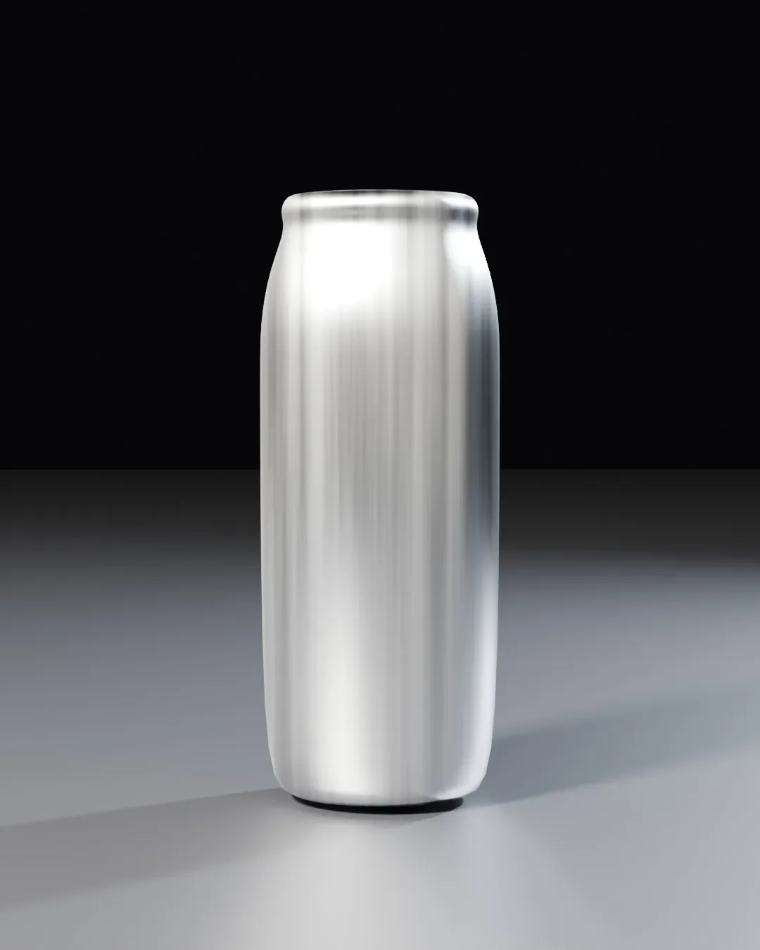 A blank, unprinted silver can rendered on a grey floor against black, the bare form before any label goes on