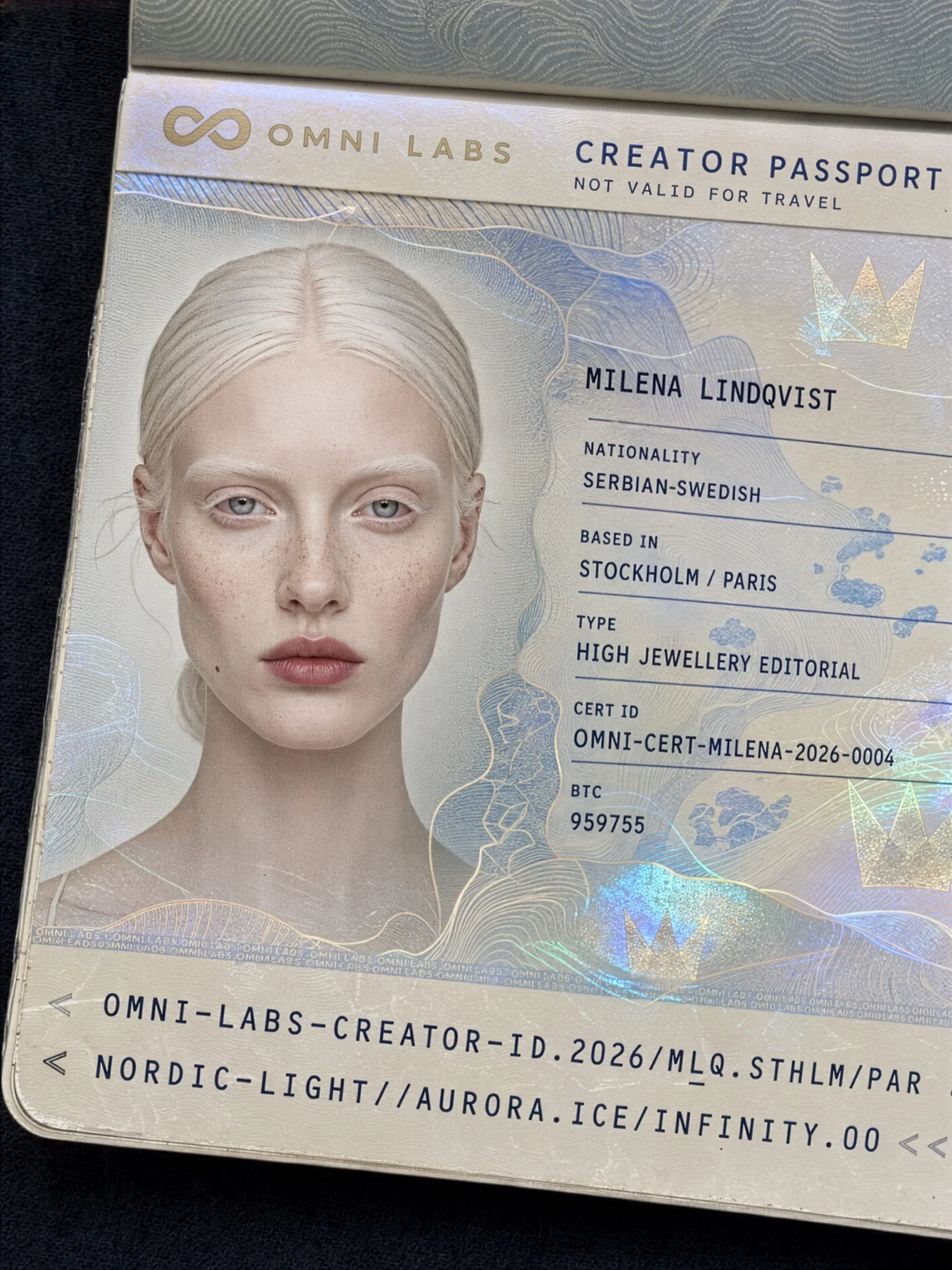 Certified creator passport for Milena Lindqvist displaying cert ID OMNI-CERT-MILENA-2026-0004 and security guilloche engraving