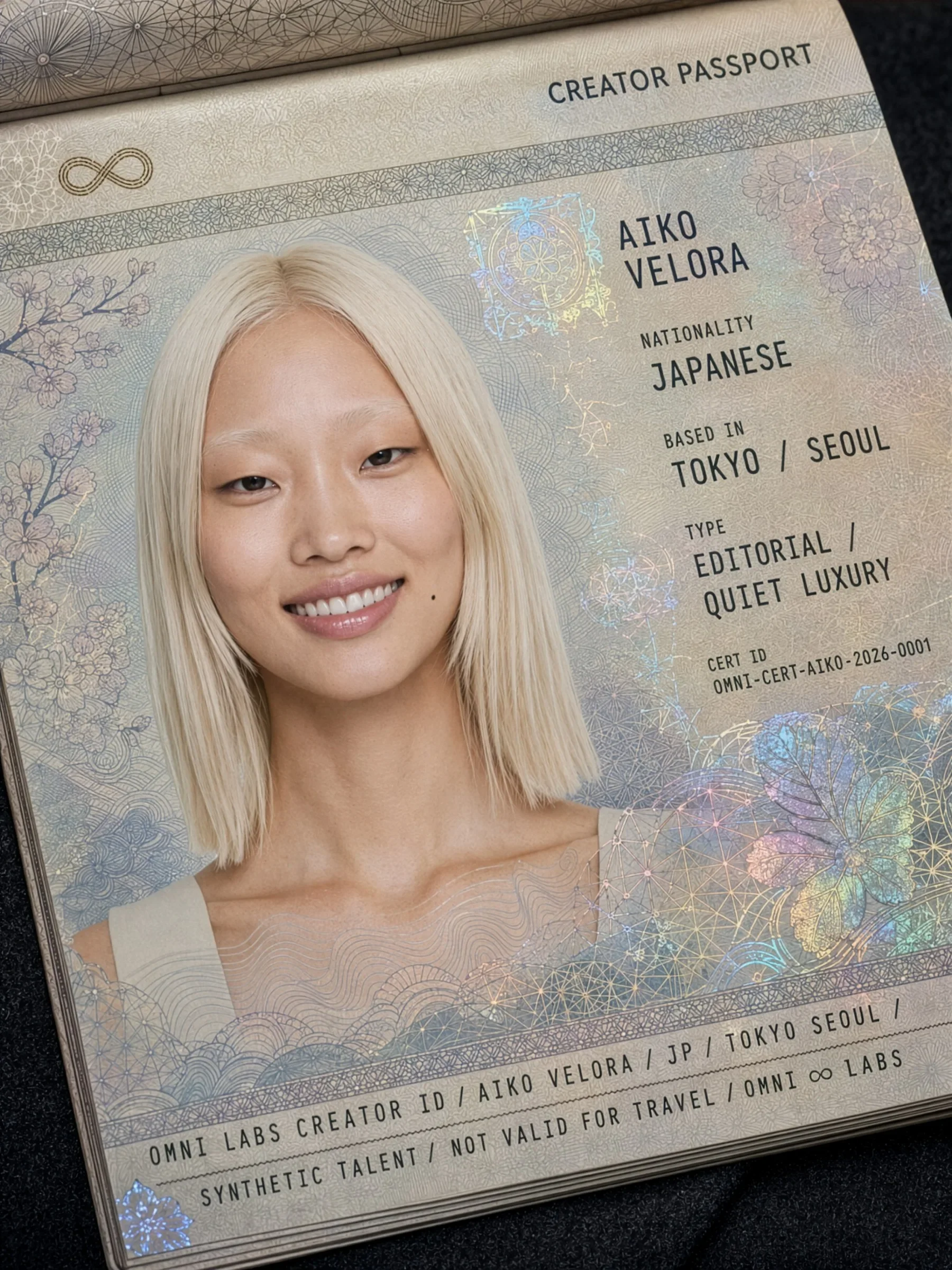 Certified creator passport for Aiko Velora showing certificate ID OMNI-CERT-AIKO-2026-0001, security guilloche patterns, and talent photo