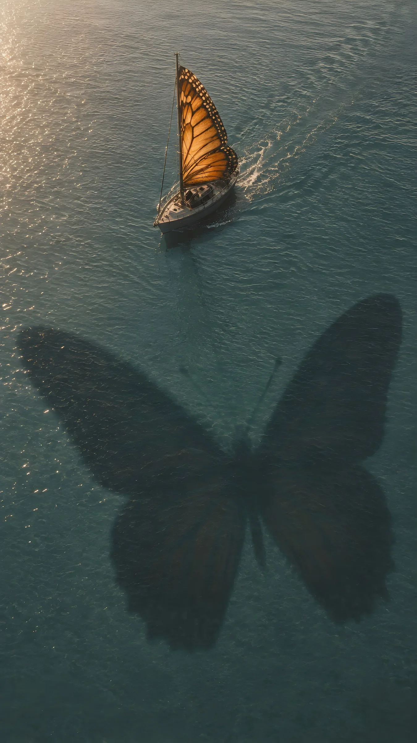 Cinematic Dutch angle wide shot of a sailboat with butterfly-wing sails traversing teal water during late afternoon light