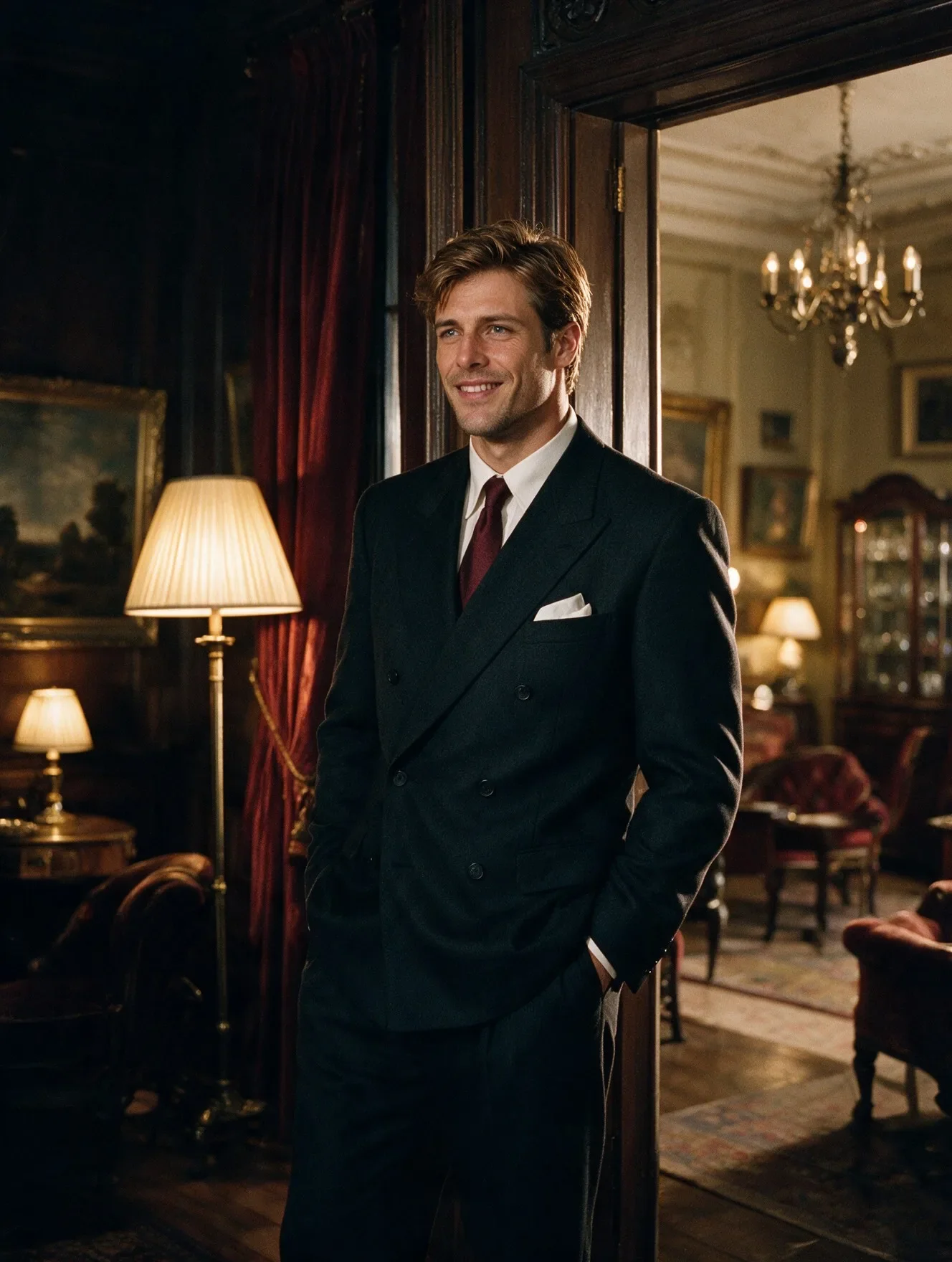 Synthetic actor Cole Redding in a medium shot framed within an architectural doorway opening into an ornate salon with warm lamp lighting