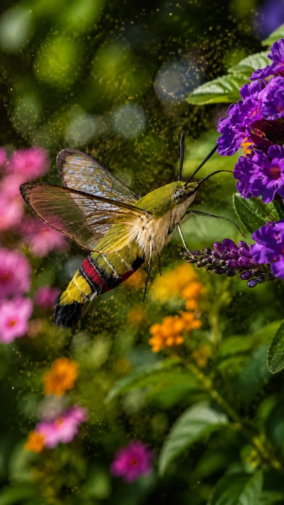 Macro video frame of a hummingbird hawk-moth hovering beside purple flora in warm backlight