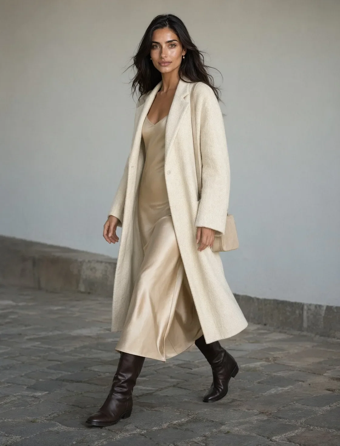 A synthetic model in a long cream coat and slip dress with brown boots, walking on cobblestones past a grey wall