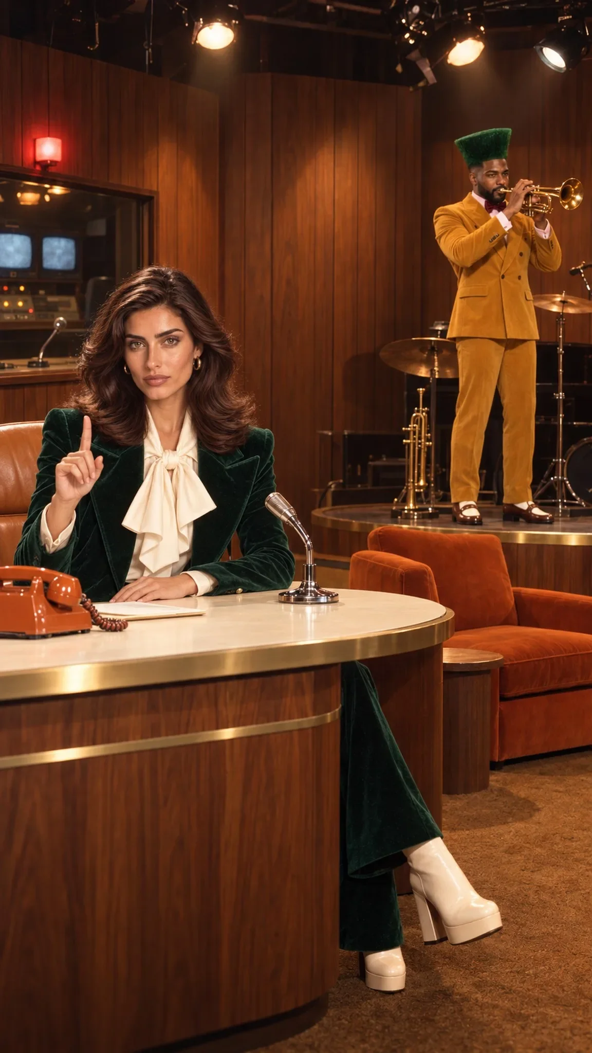 Host Livia Serrano raising a finger at her desk while bandleader Desmond Reid plays trumpet on the bandstand behind her