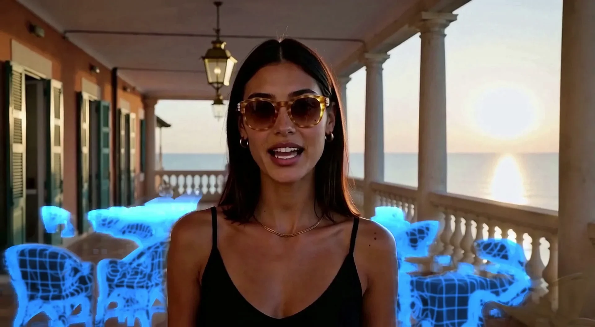A woman in sunglasses talks to the camera on an empty seaside terrace at sunset while tables and wicker chairs appear around her as glowing blue wireframe holograms