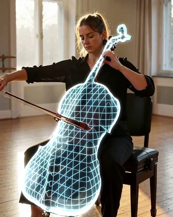 AI-generated cellist in a sunlit room playing a cello rendered as a glowing blue-white wireframe hologram, her bow and hands in front of it