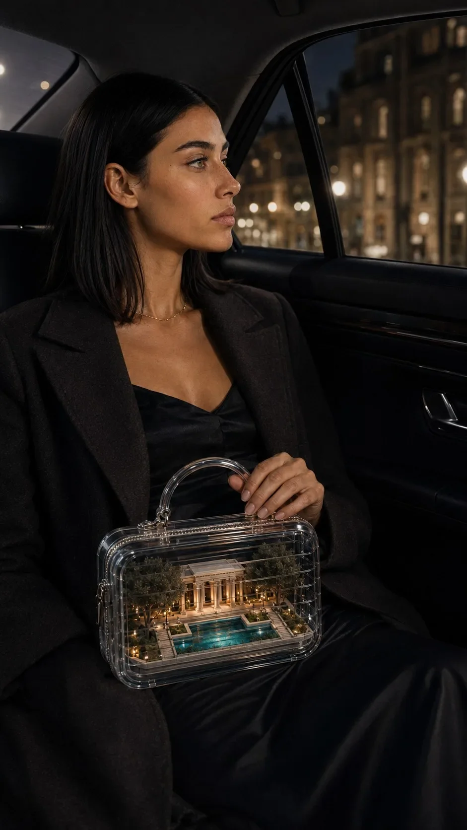 Synthetic model Miranda Calder seated in the back of a luxury car at night holding an illuminated miniature villa case