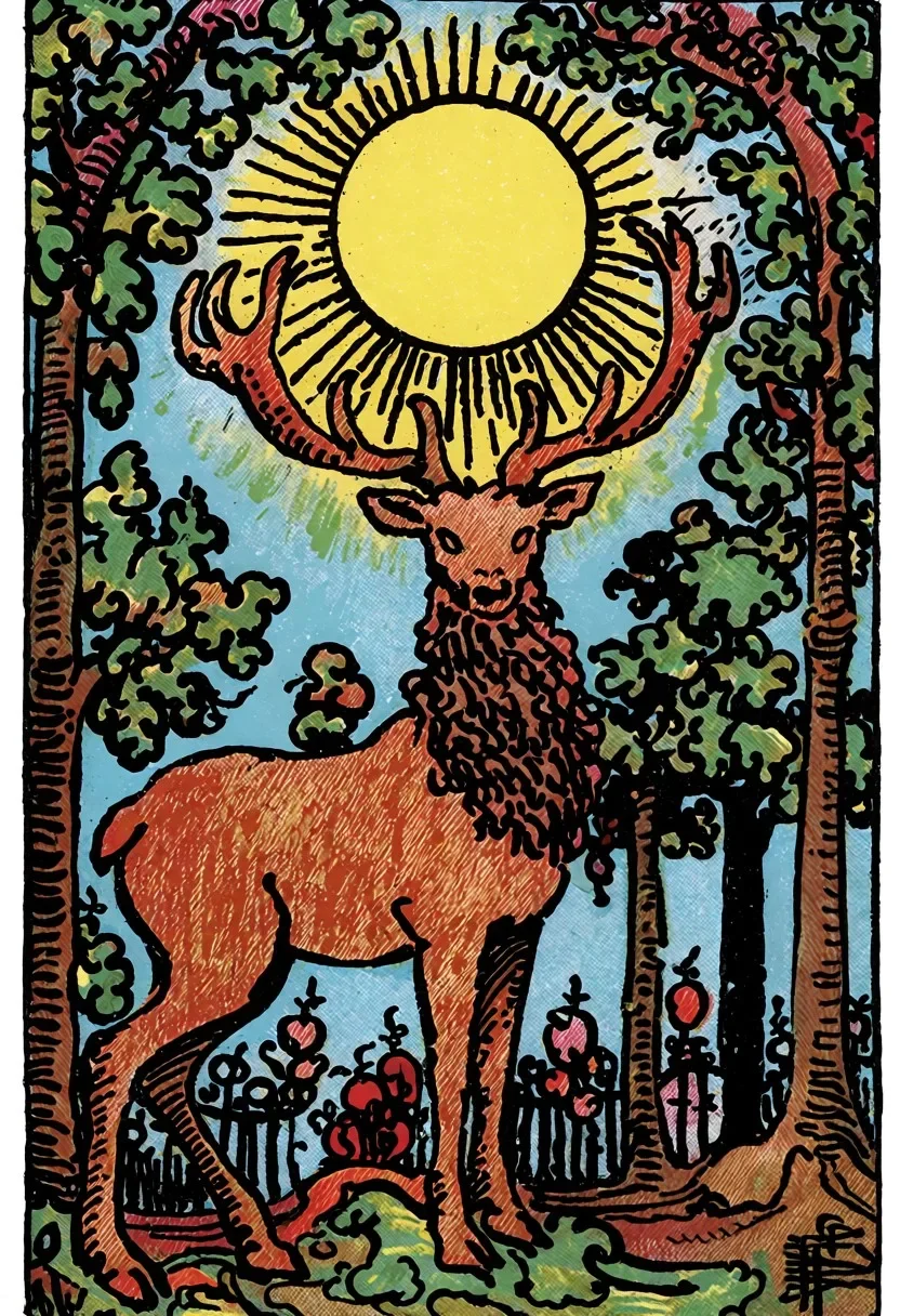 Illustration of a stag beneath a golden sun in a forest in decorative vintage tarot card style