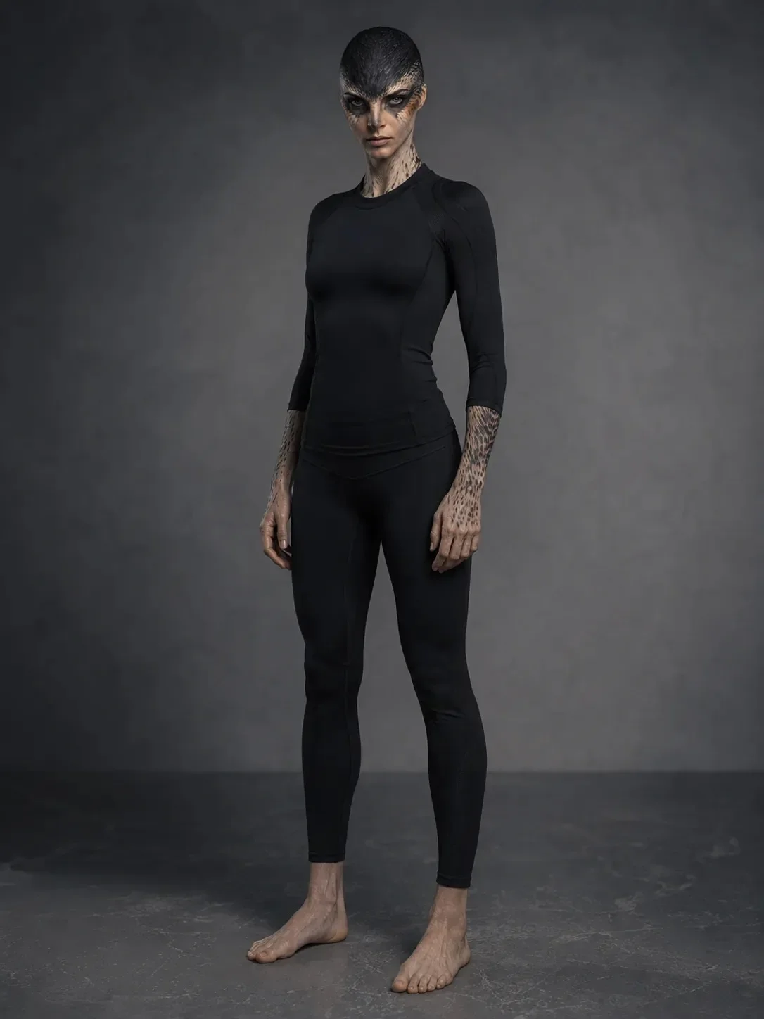 Synthetic avian model Aeryn Vale standing full-body in a black compression bodysuit against a dark studio background