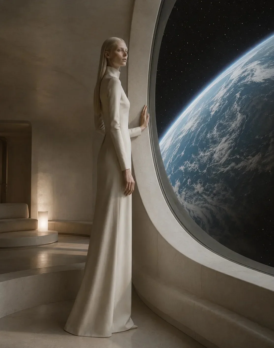Synthetic Nordic extraterrestrial model Saela Nyx in a long ivory gown at a curved window looking out at Earth from orbit