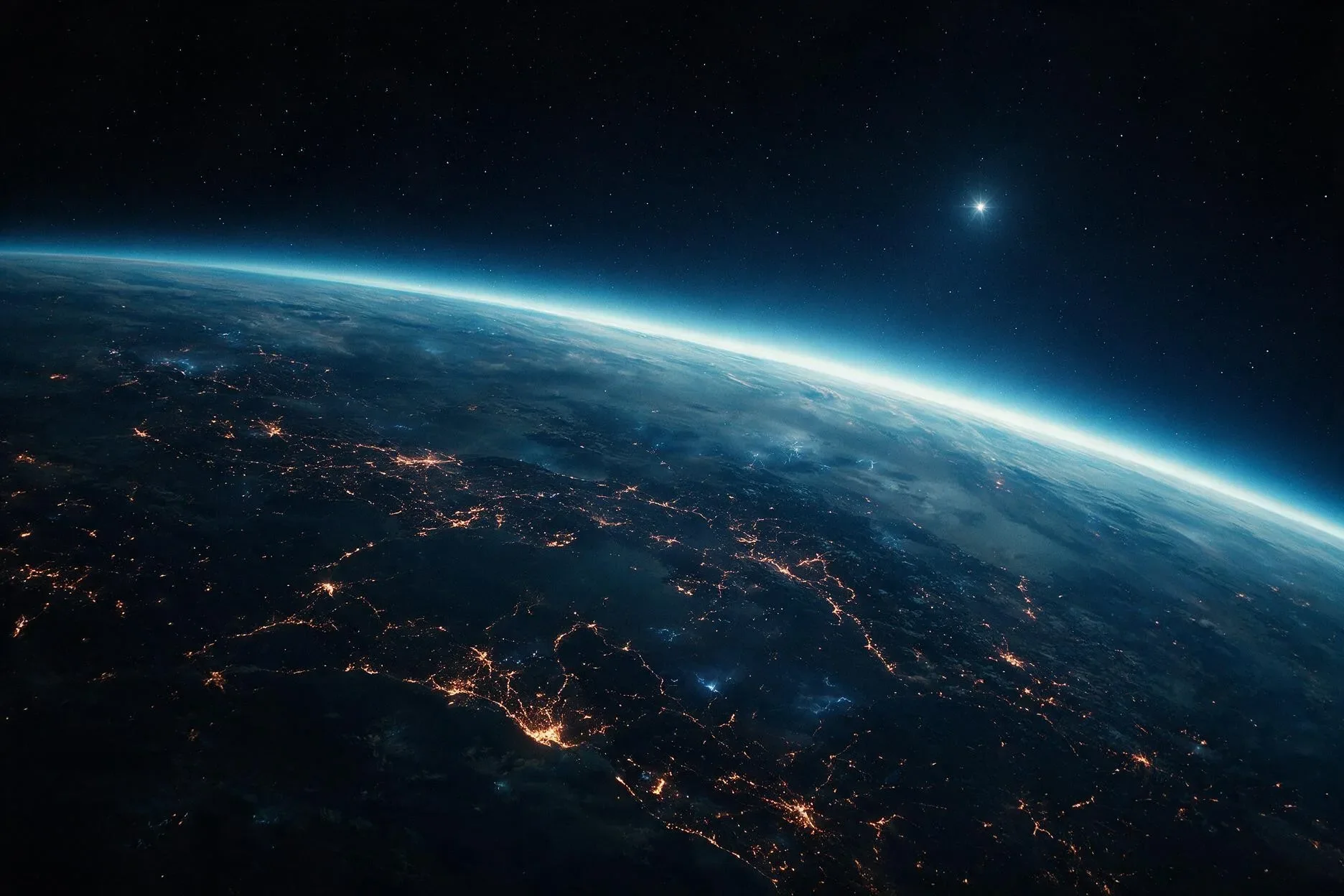 Curvature of Earth and glowing atmospheric horizon viewed from orbit at night with illuminated city clusters below