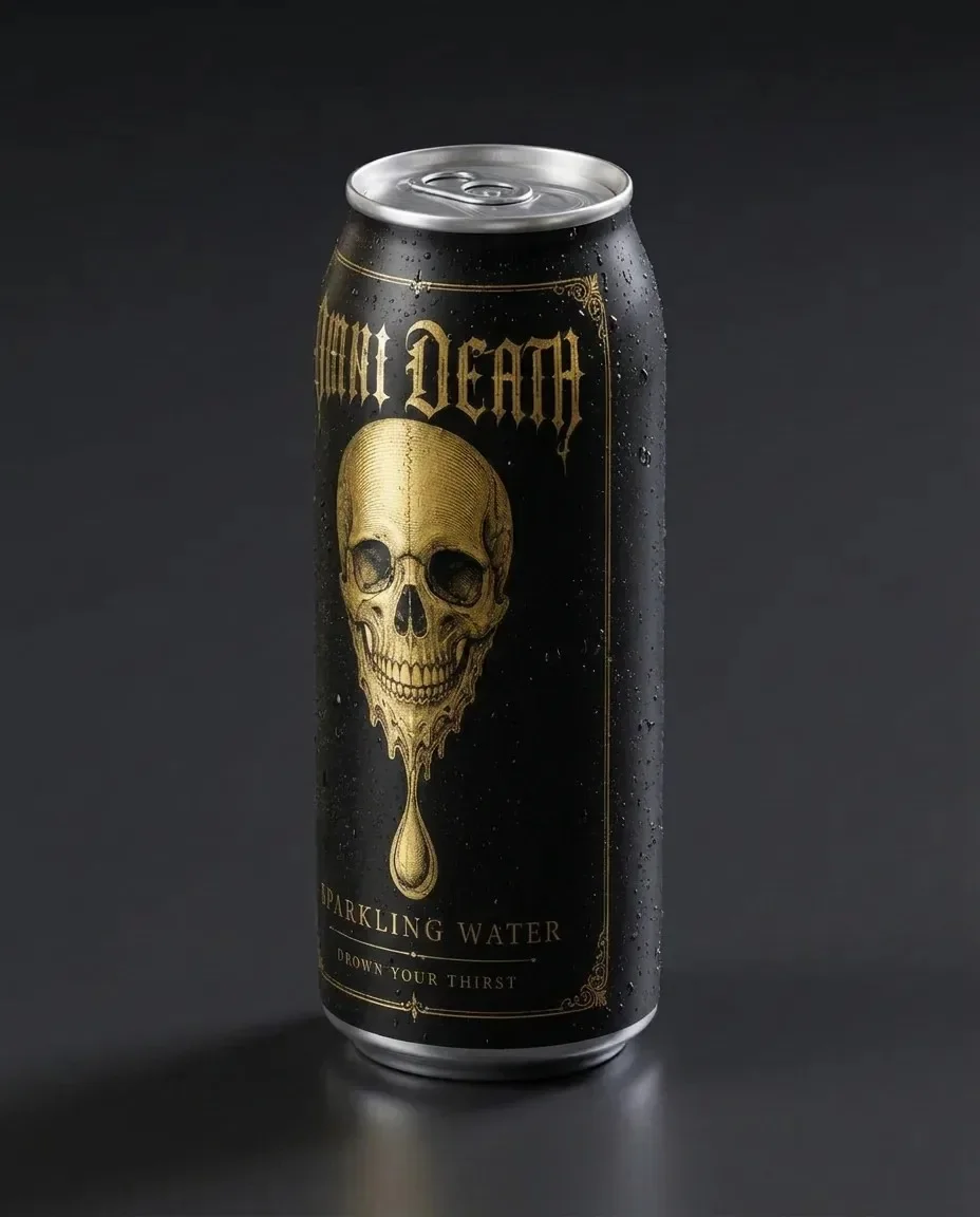 Three-quarter view of a black sparkling water can with a gold melting skull illustration and gothic typography