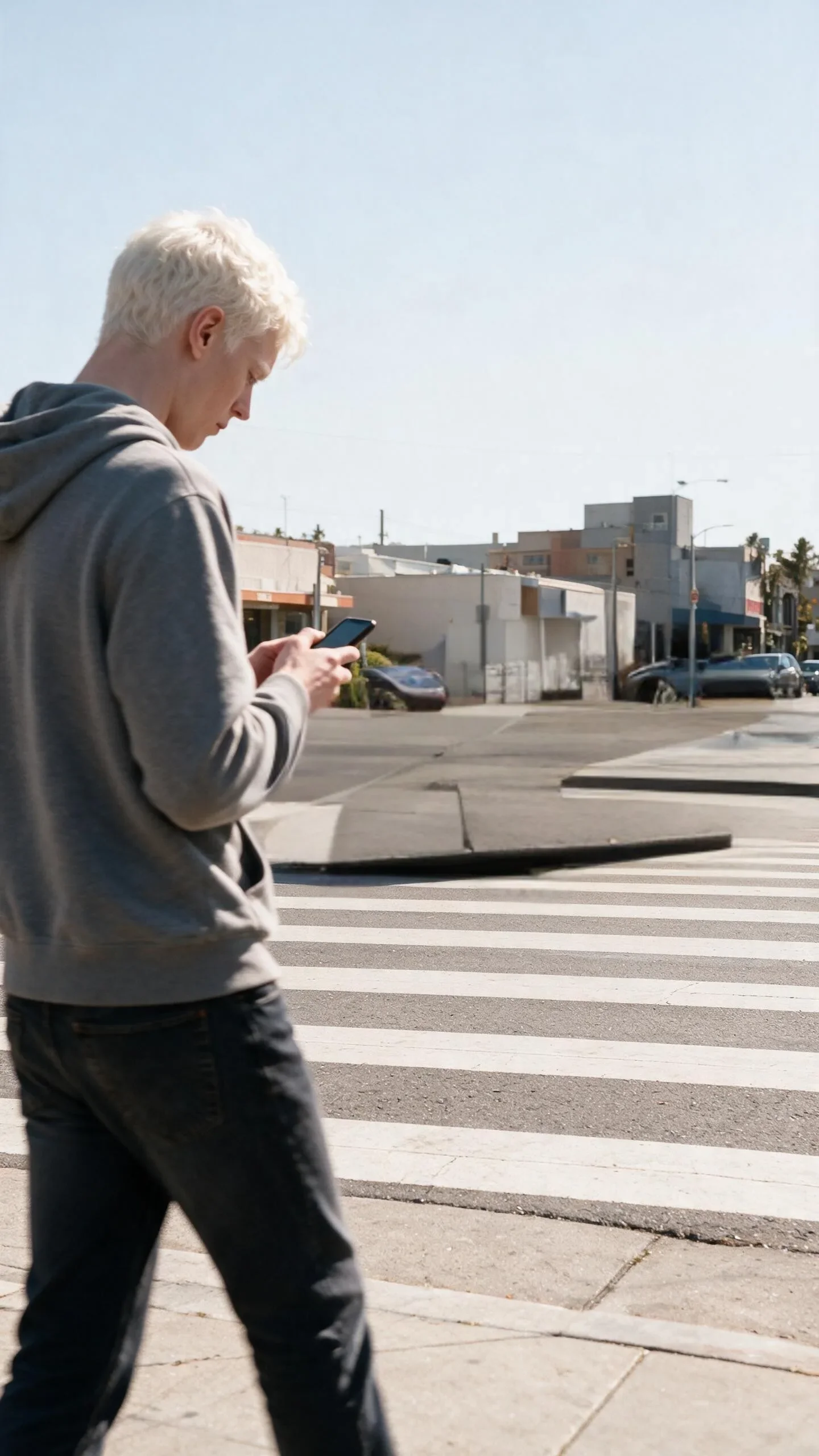 Pedestrian street plate after removing a vehicle with Magic Eraser, showing continuous crosswalk stripes and intact asphalt