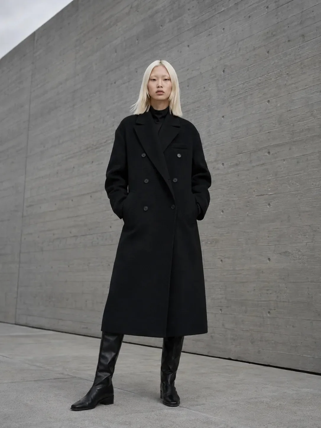 Synthetic model Aiko Velora in a black double-breasted overcoat and tall boots standing before a concrete architectural wall