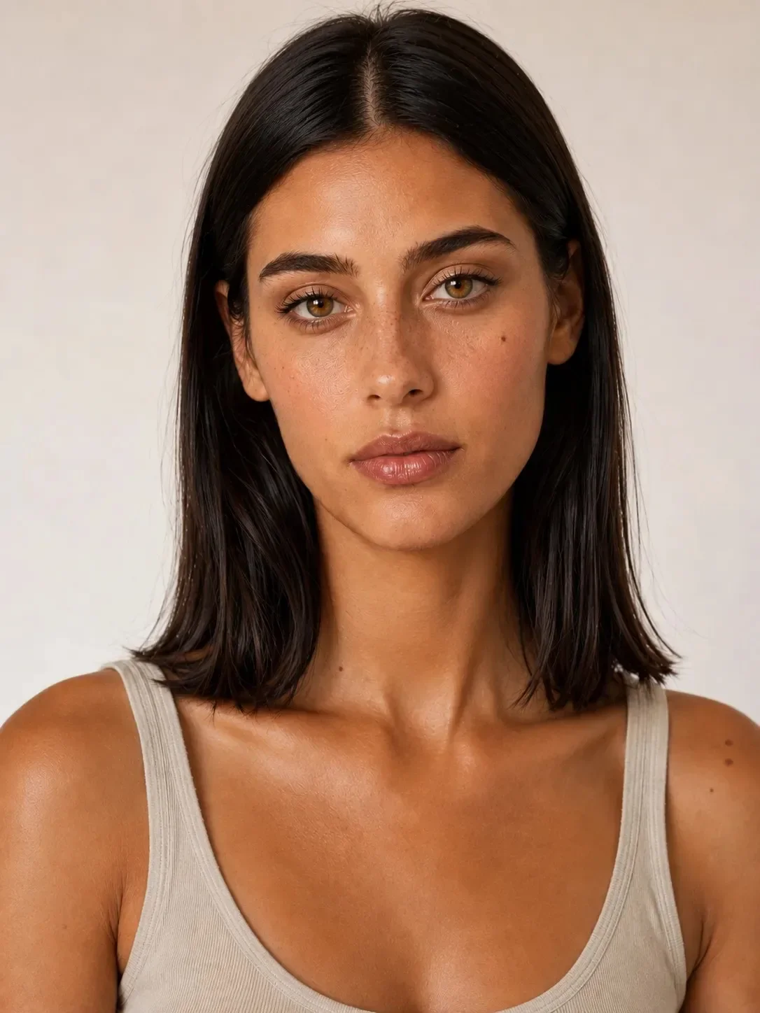 Synthetic model Miranda Calder, a neutral front-facing close portrait with dark shoulder-length hair against a warm plain wall