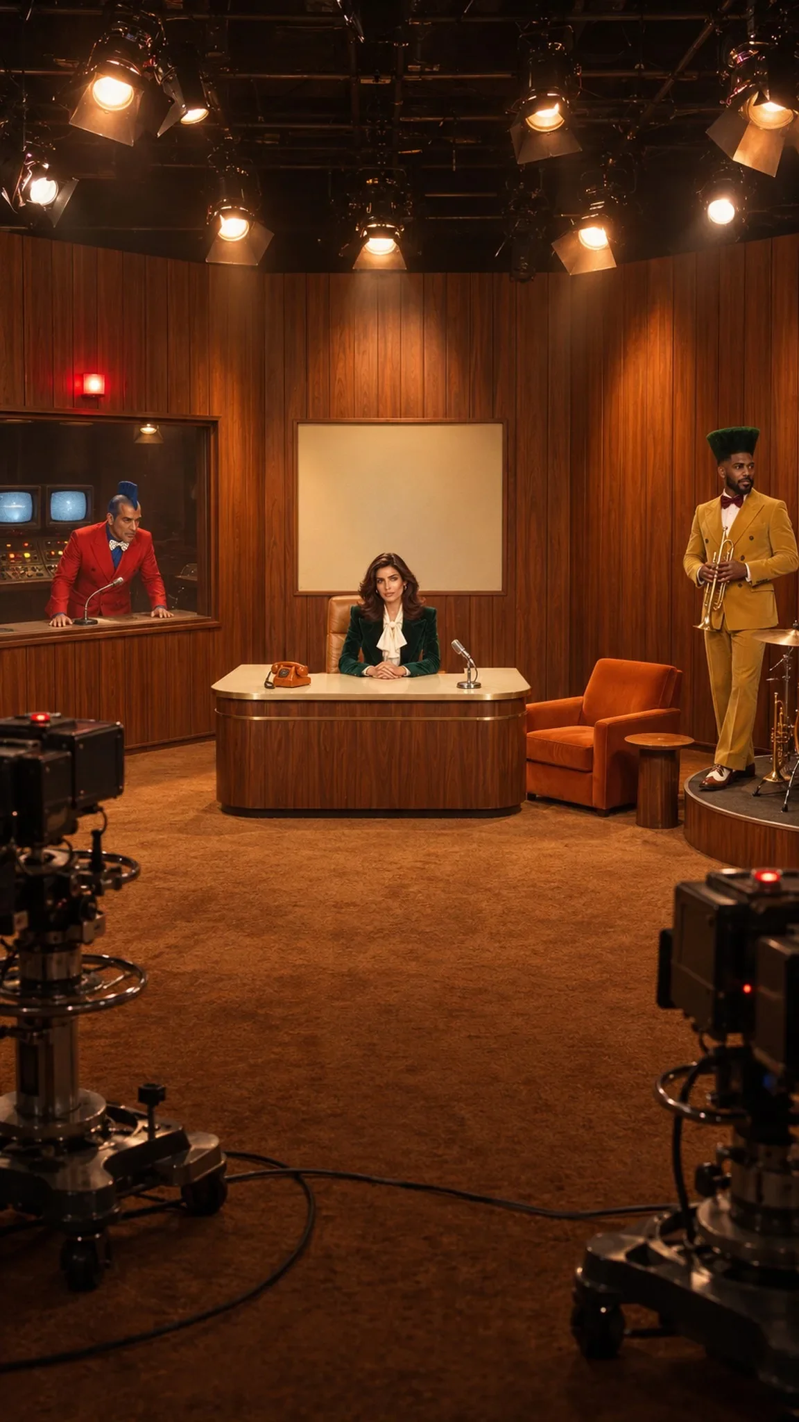 Wide view of a 1970s talk-show studio with two pedestal TV cameras and cables in the foreground and the host at her desk behind