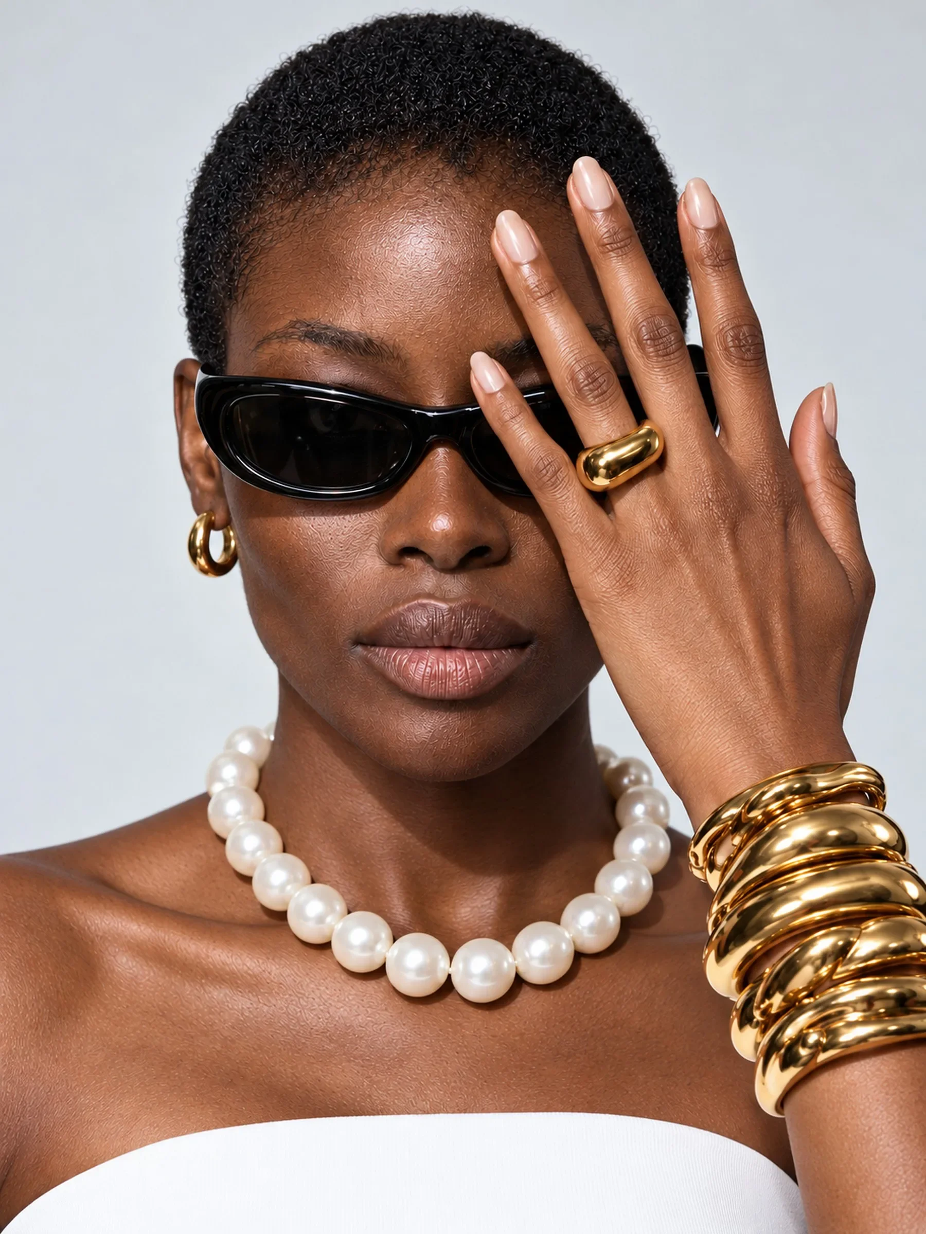 High-fashion studio editorial of synthetic model Amara Okoye wearing sculptural geometric eyewear