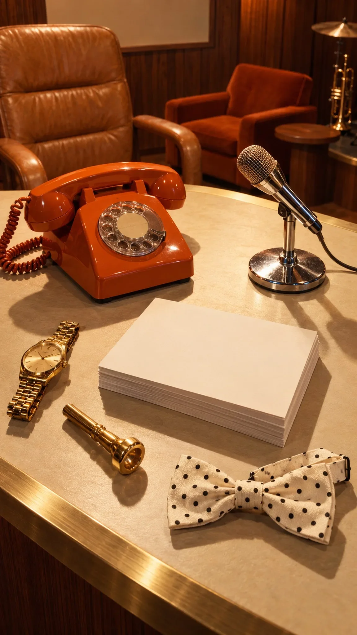 A talk-show desk with blank cue cards, an orange rotary phone, a microphone, a trumpet mouthpiece and a polka-dot bow tie