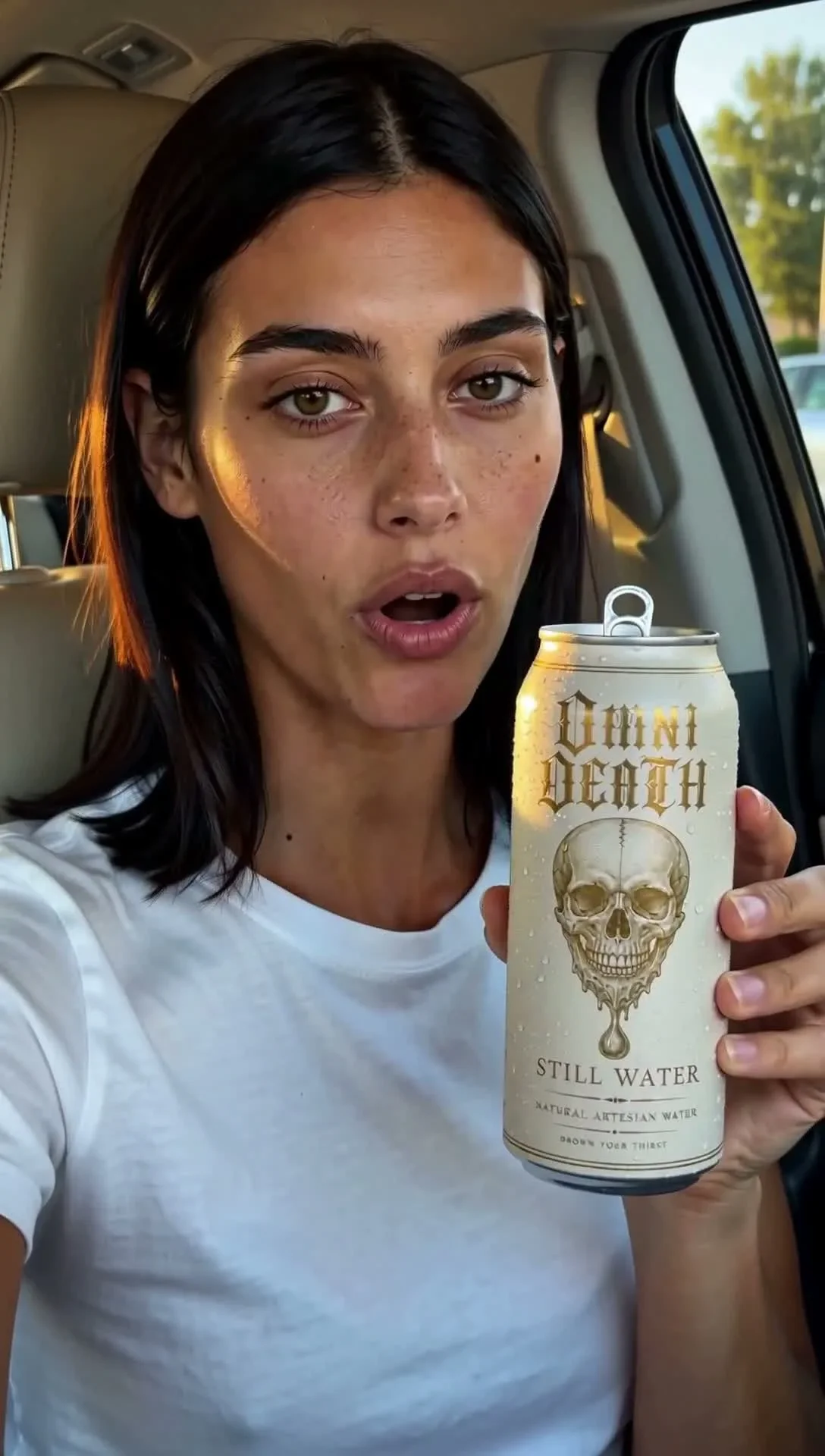 Close-up selfie video frame of synthetic talent holding a still water can beside her temple at eye level
