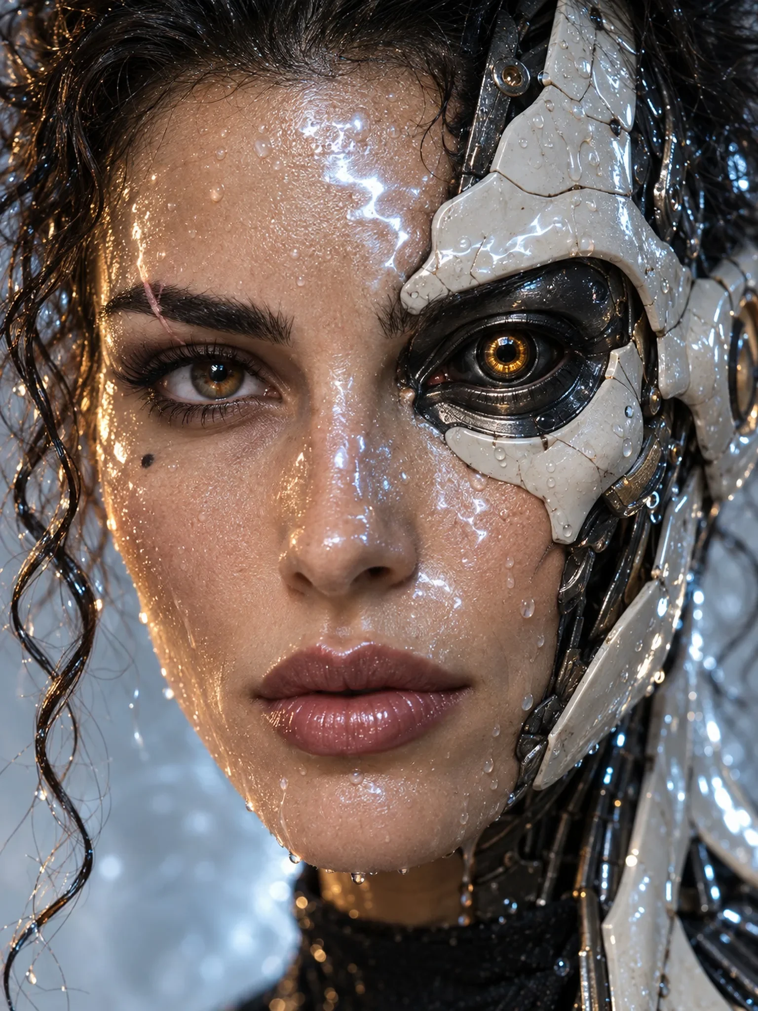 Our porcelain android persona, a wet close portrait with one side of the face opened to mechanical plating and a lit eye