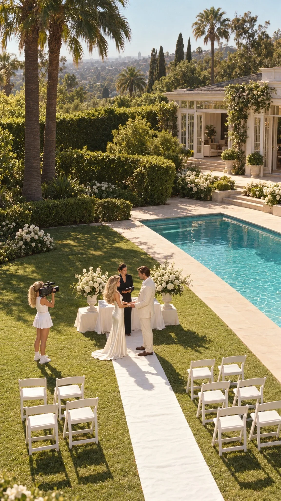 An OMNI Labs production on a Bel Air lawn: a small wedding by the pool, filmed on a camcorder, with synthetic leads at the altar