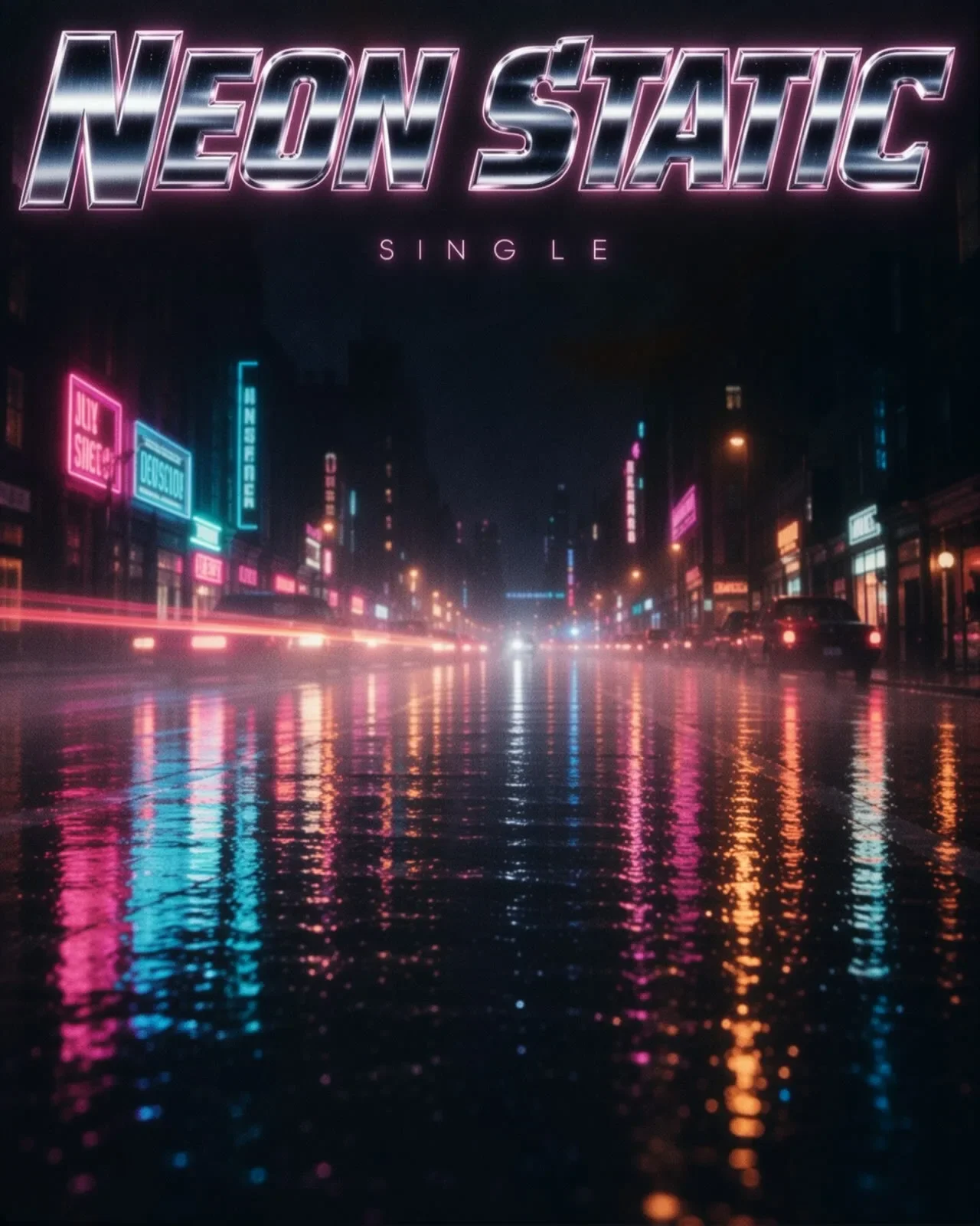 A 1980s-style single cover generated locally: chrome italic lettering reading NEON STATIC above a rain-soaked night street reflecting magenta and cyan neon