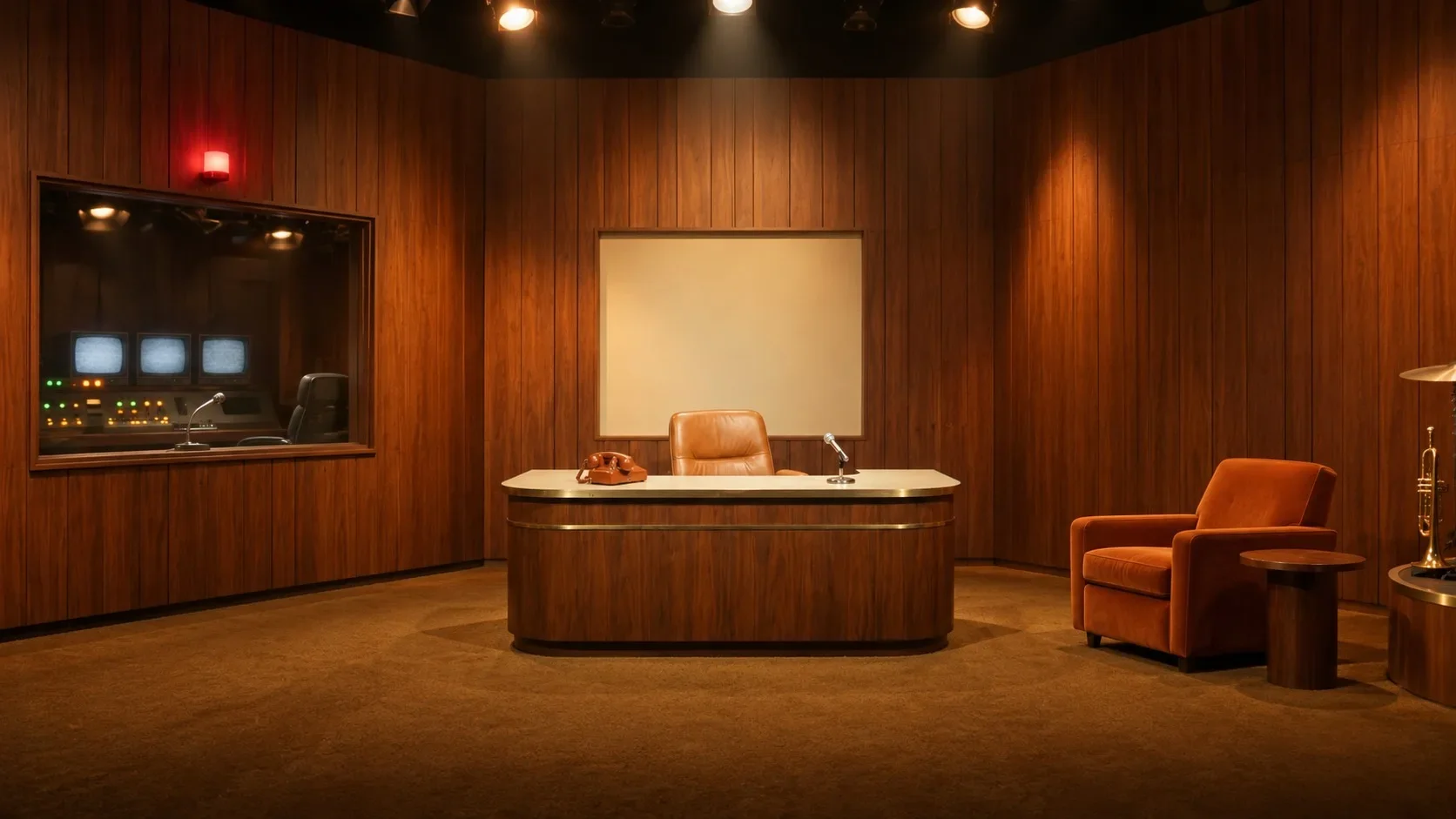 The OMNI late-night show set: a 1970s wood-panelled studio with the host desk, a guest armchair and the control booth