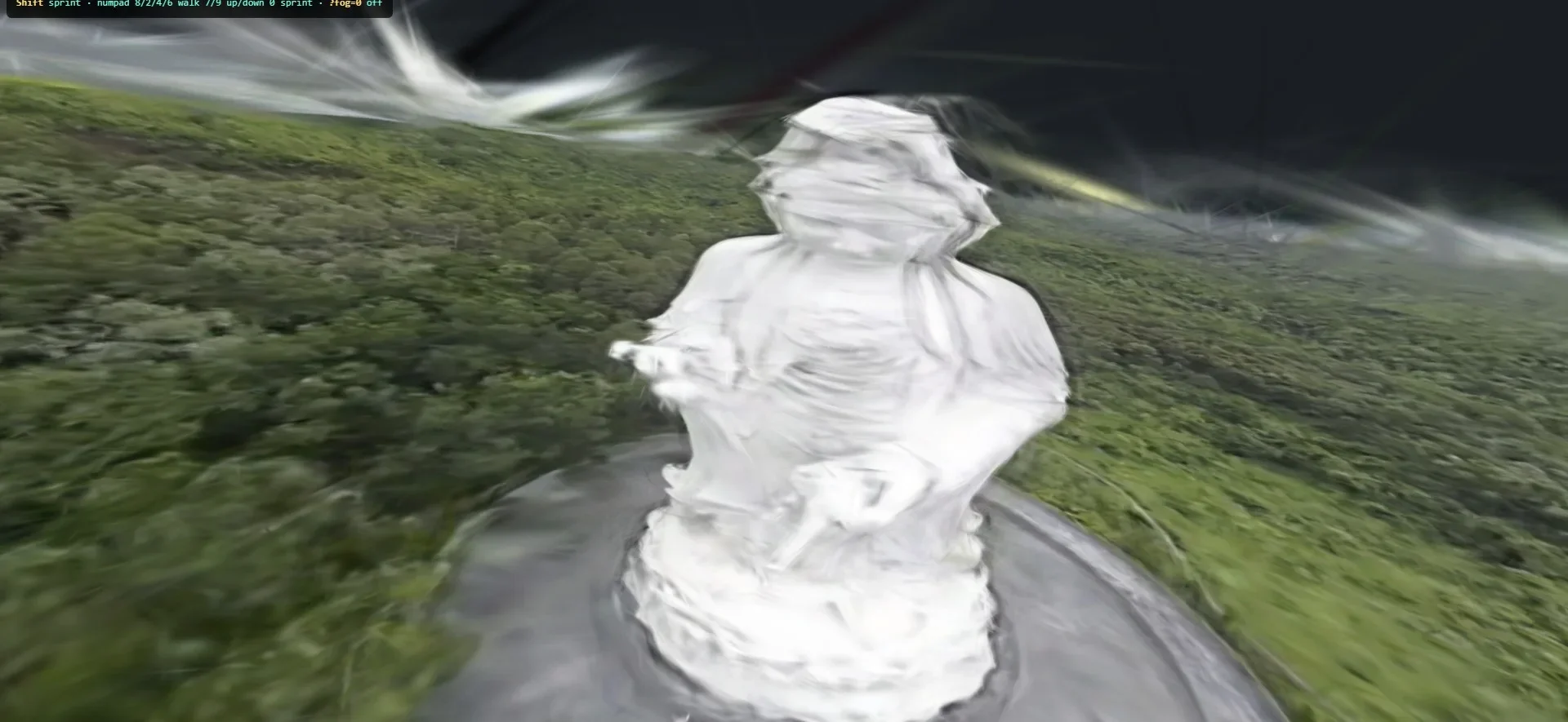 A white 3D capture of a statue on a forested hillside, seen from a low moving viewpoint in our capture viewer