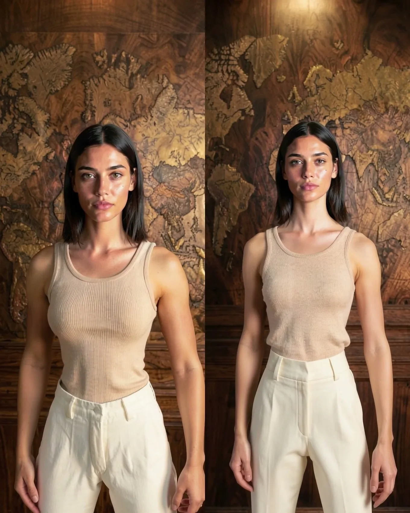 Two AI frames of the same talent side by side in a beige tank top and cream trousers before a carved map panel: left with broad shoulders and muscular arms, right visibly slimmer