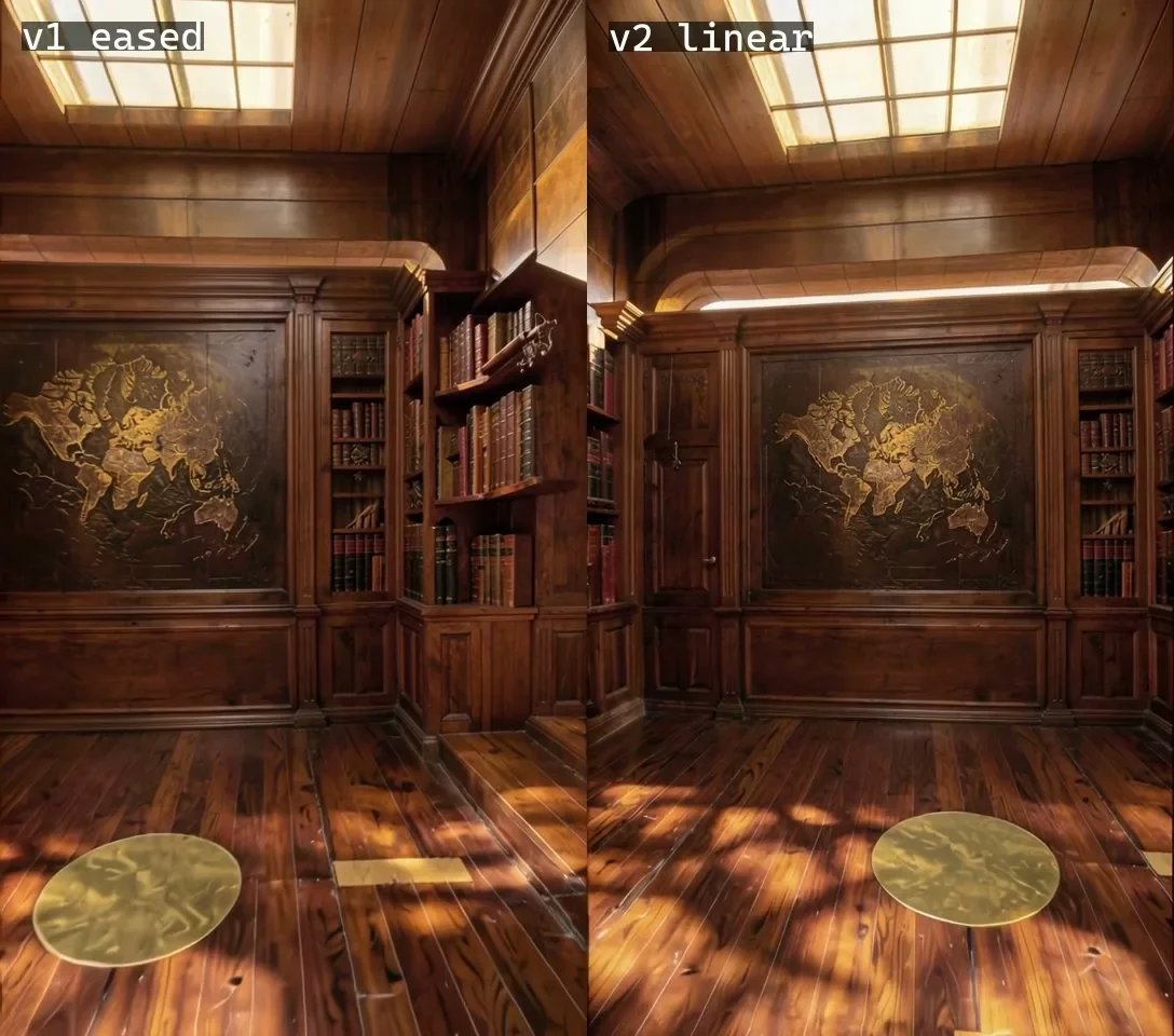 Side-by-side frames of the same AI-rendered wood-panelled library with a world-map panel, labelled v1 eased and v2 linear, showing how eased camera keys change the framing