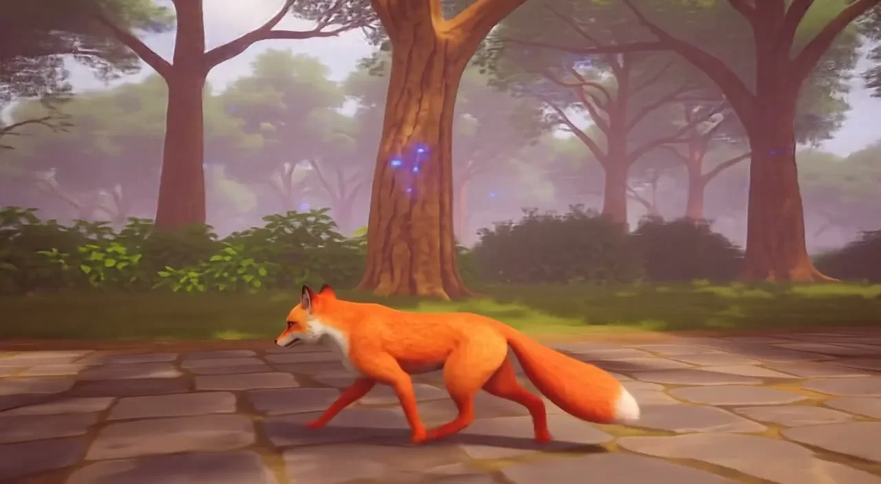 Hy-Nomas frame under an arc camera move: a red fox trotting in side profile across stone paving, with large trees and soft violet light behind