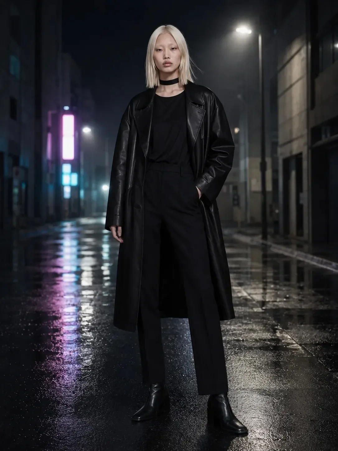 Editorial location portrait of synthetic talent Aiko Velora outdoors in architectural daylight