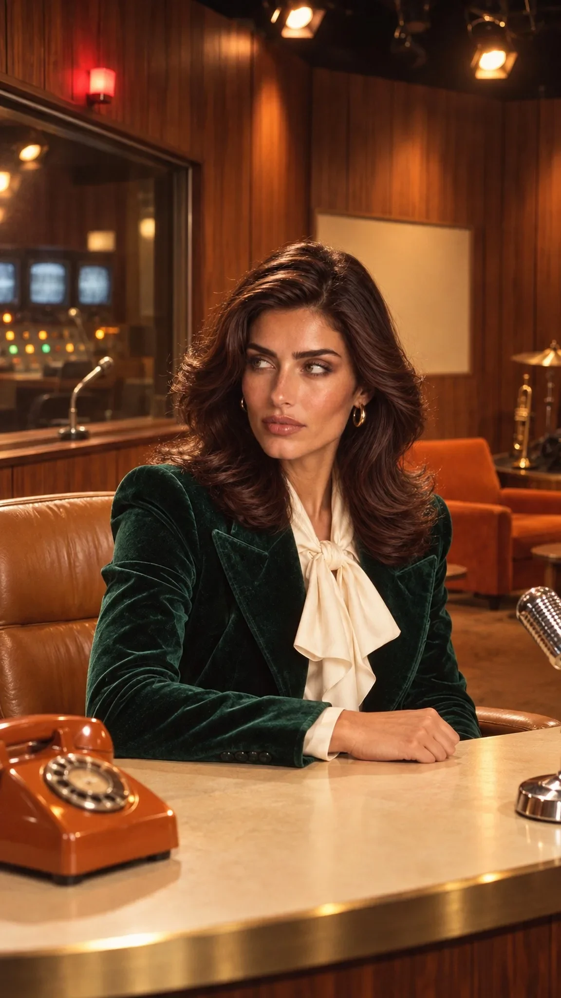 Portrait of synthetic model Livia Serrano in a dark green velvet suit seen through the glass of a 1970s studio booth