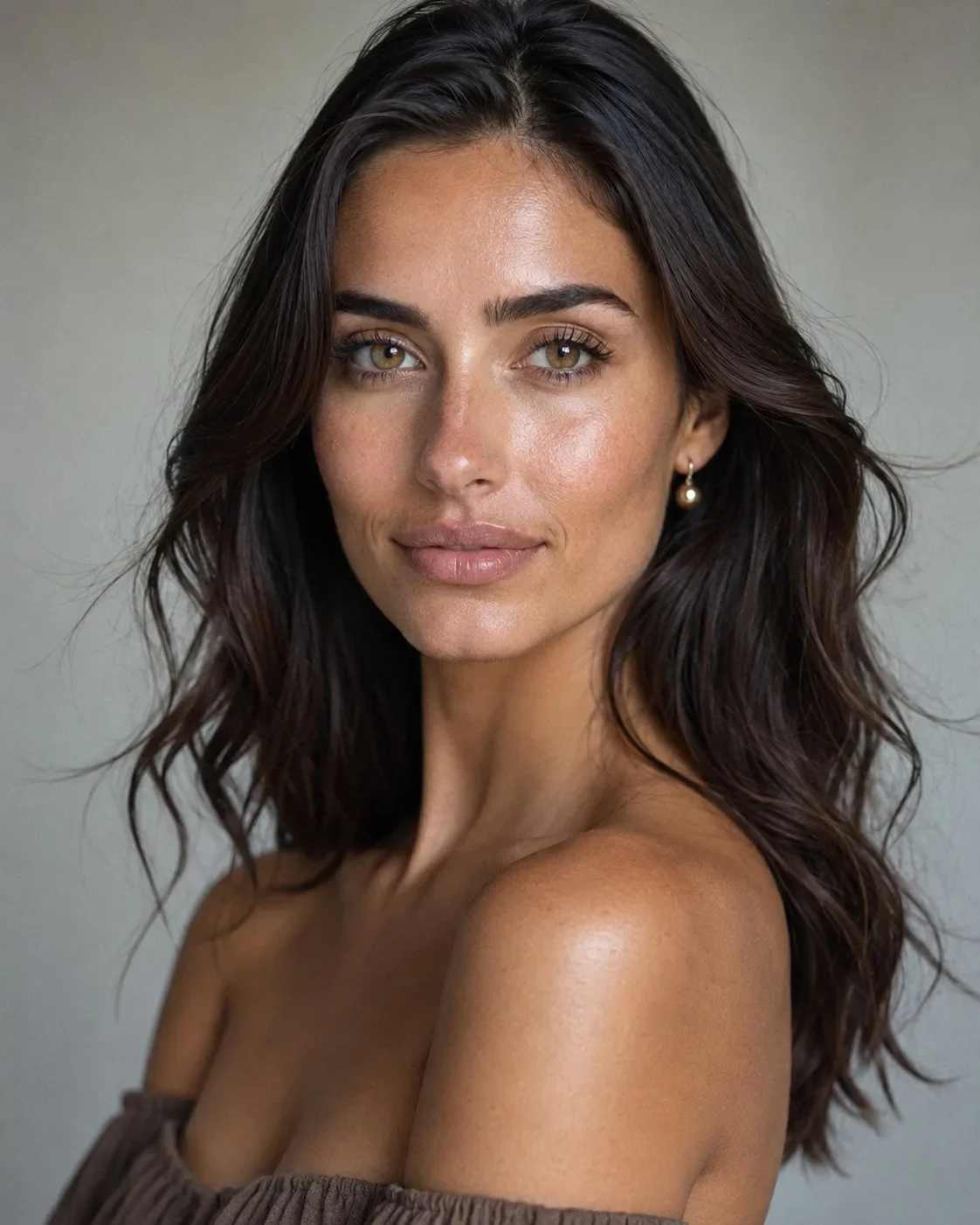 Studio portrait of synthetic talent Livia Serrano with natural olive skin, dark wavy hair, and subtle makeup