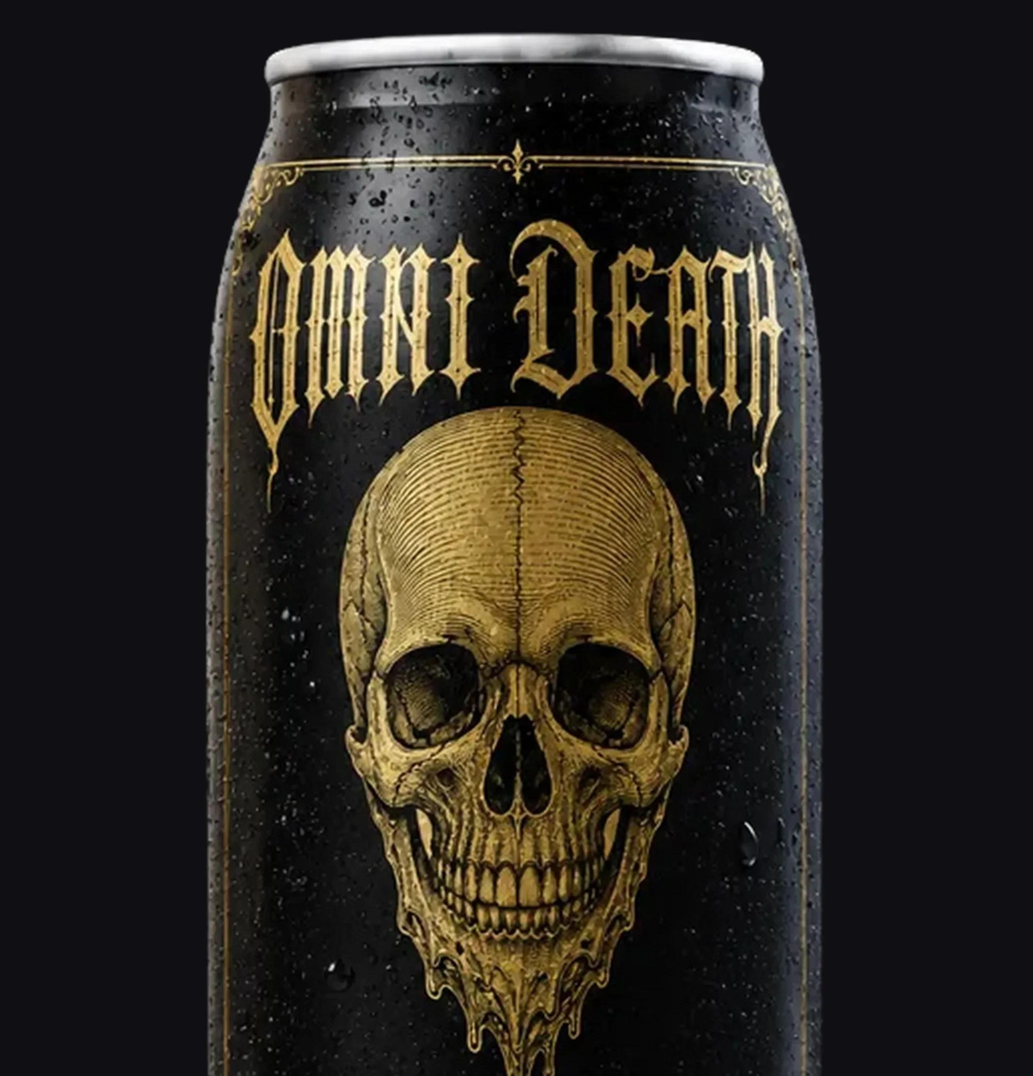 Close-up of a black can label: a gold skull and gothic wordmark following the curve of the can