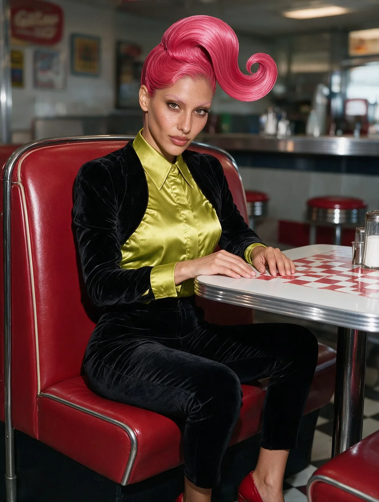 Synthetic talent Noa Ben David seated in a warm retro diner interior in a close editorial portrait