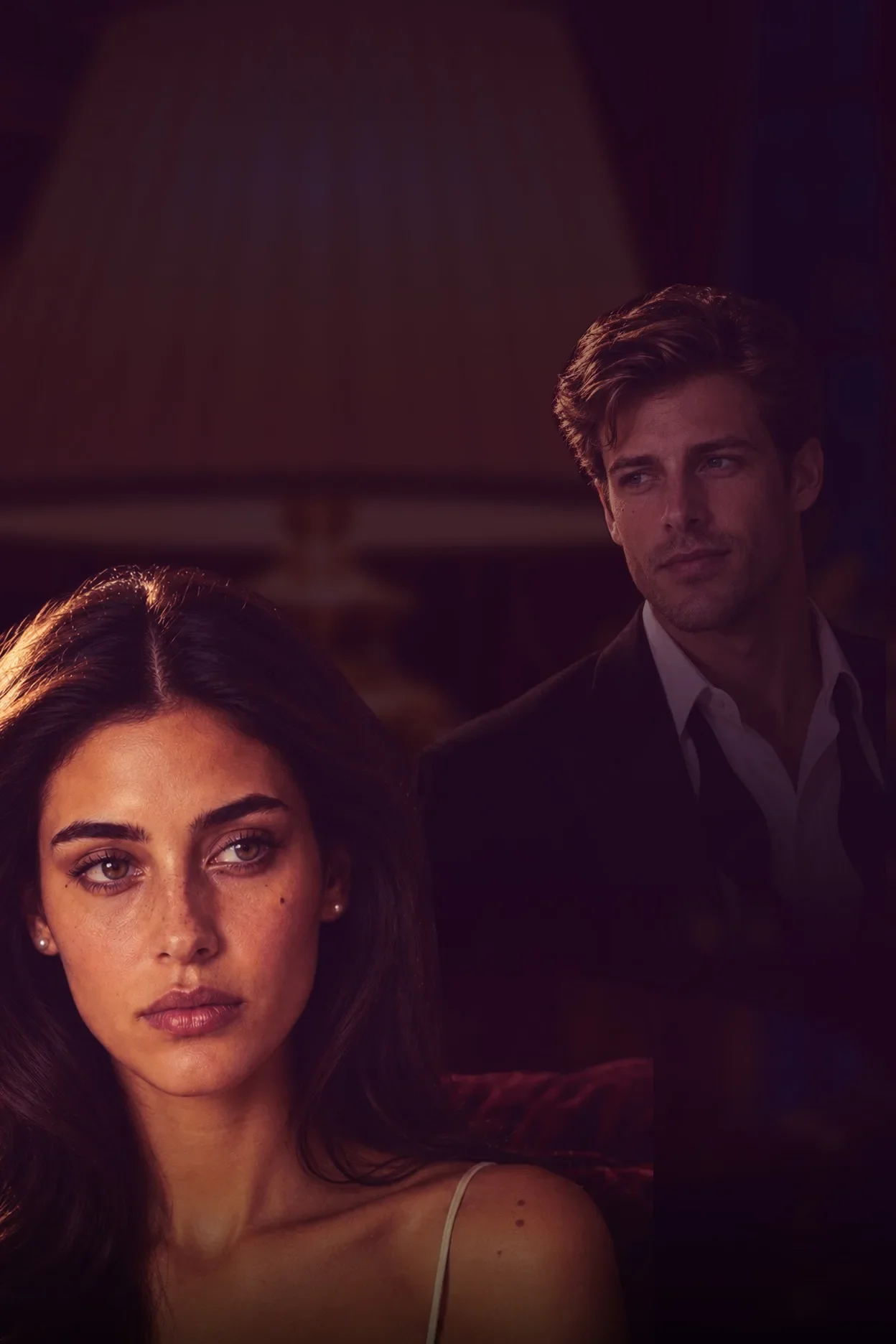 Low-light still from OMNI Dramas: a woman and a man in a dim, warm interior