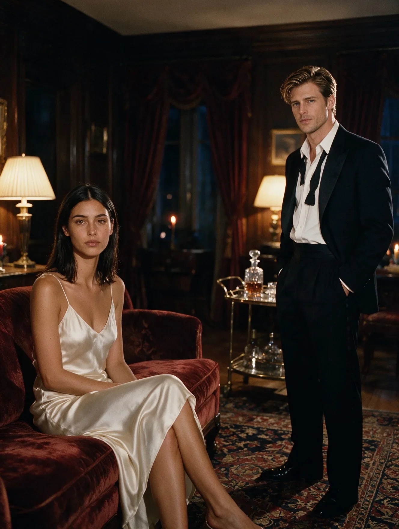 Miranda Calder and Cole Redding in a lamplit salon at night, the two-character setup our Seedance dialogue scenes are written for