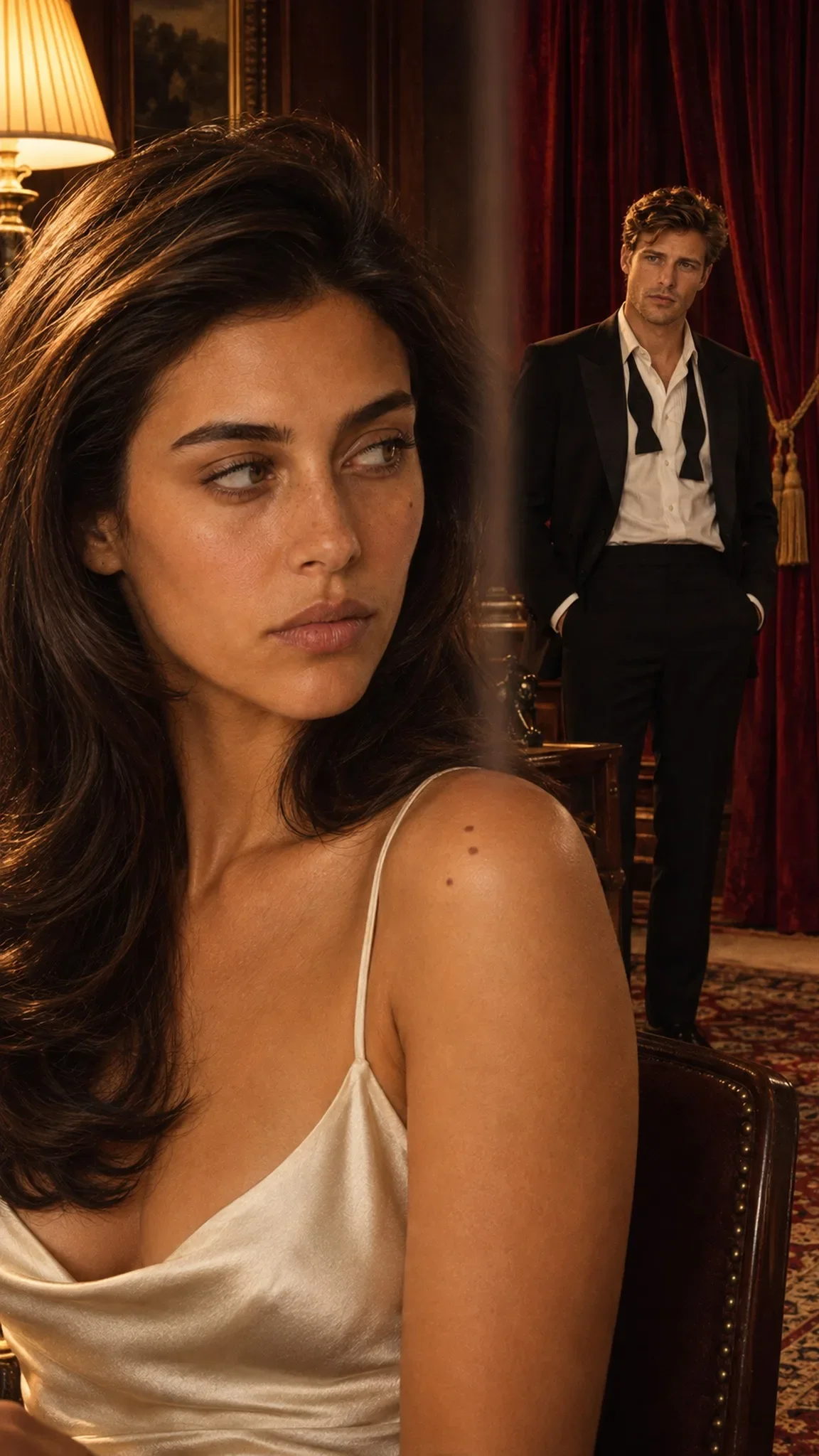 Split-diopter still from OMNI Dramas episode 1: a woman in a satin slip in the foreground and a man in a tuxedo behind her, both in focus
