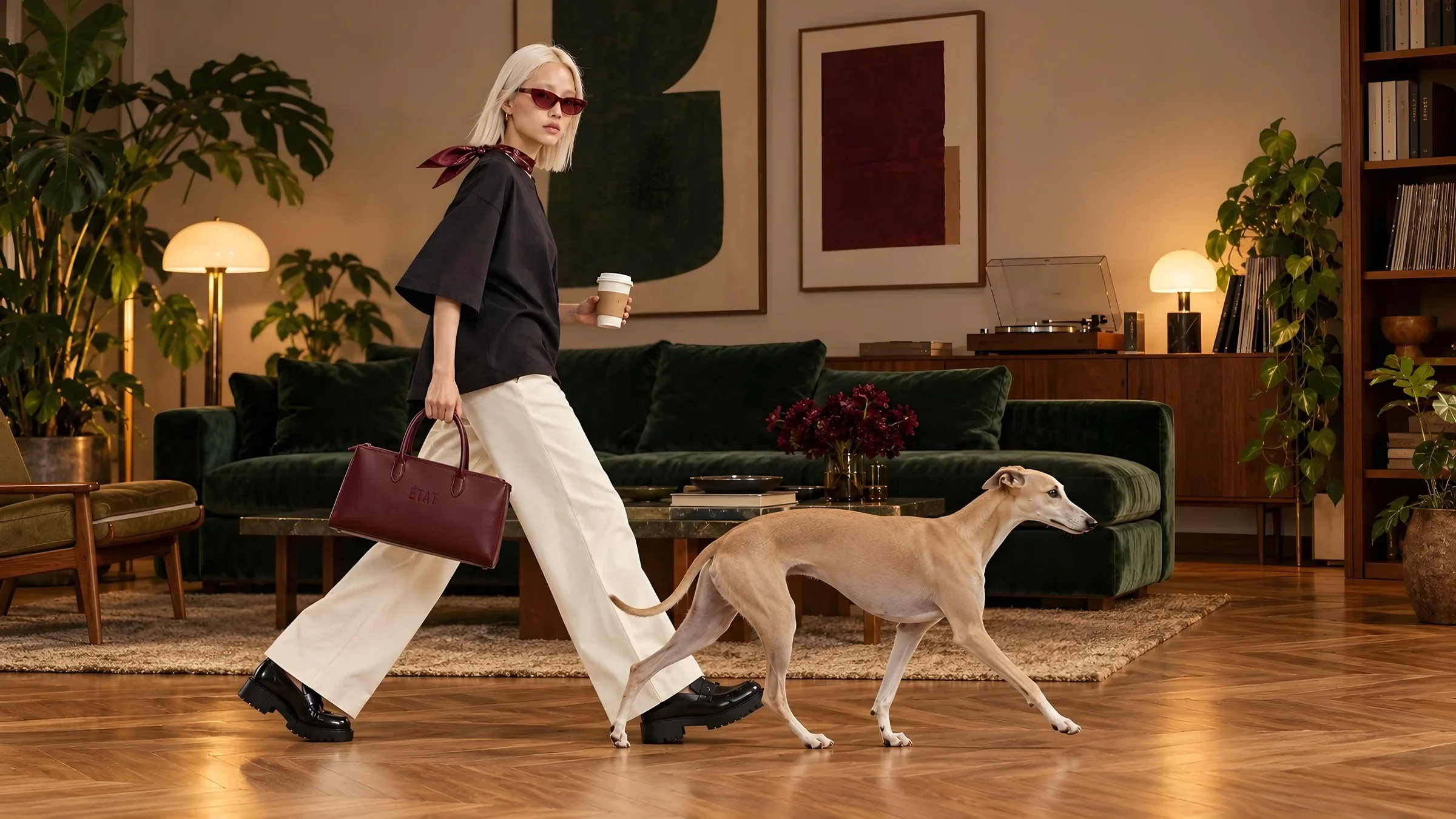 Keyframe from the OMNI Labs ÉTAT film made with Kling 4.0: a model in a black top and white trousers walks a greyhound through a sunlit living room