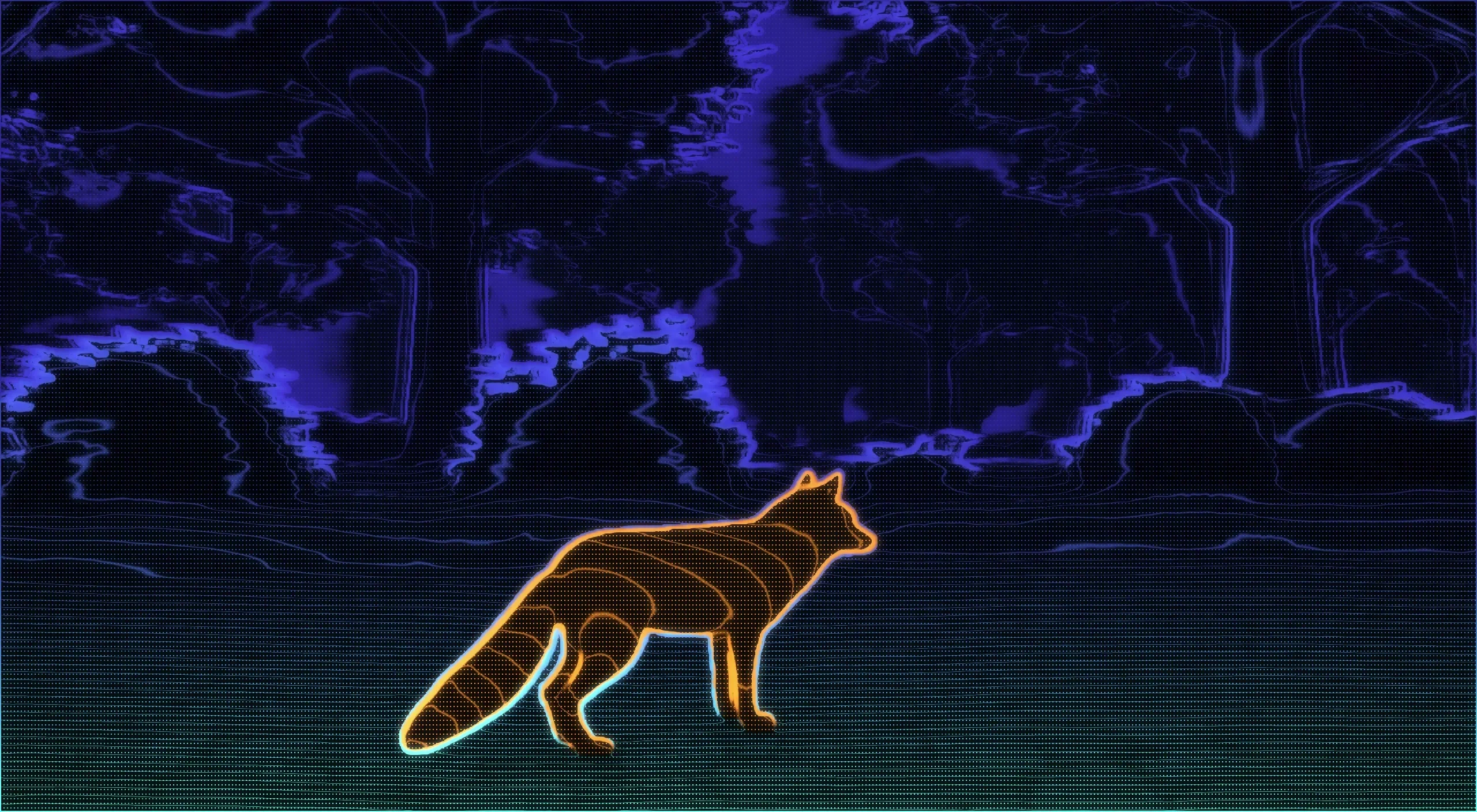 2.5D LiDAR effect on an AI forest clip: the scene rendered as violet depth contours on black, the fox outlined in glowing orange rings