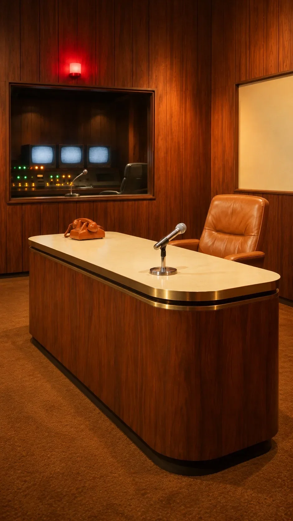 Talk-show desk with a vintage microphone and a rotary telephone in a wood-panelled 1970s studio