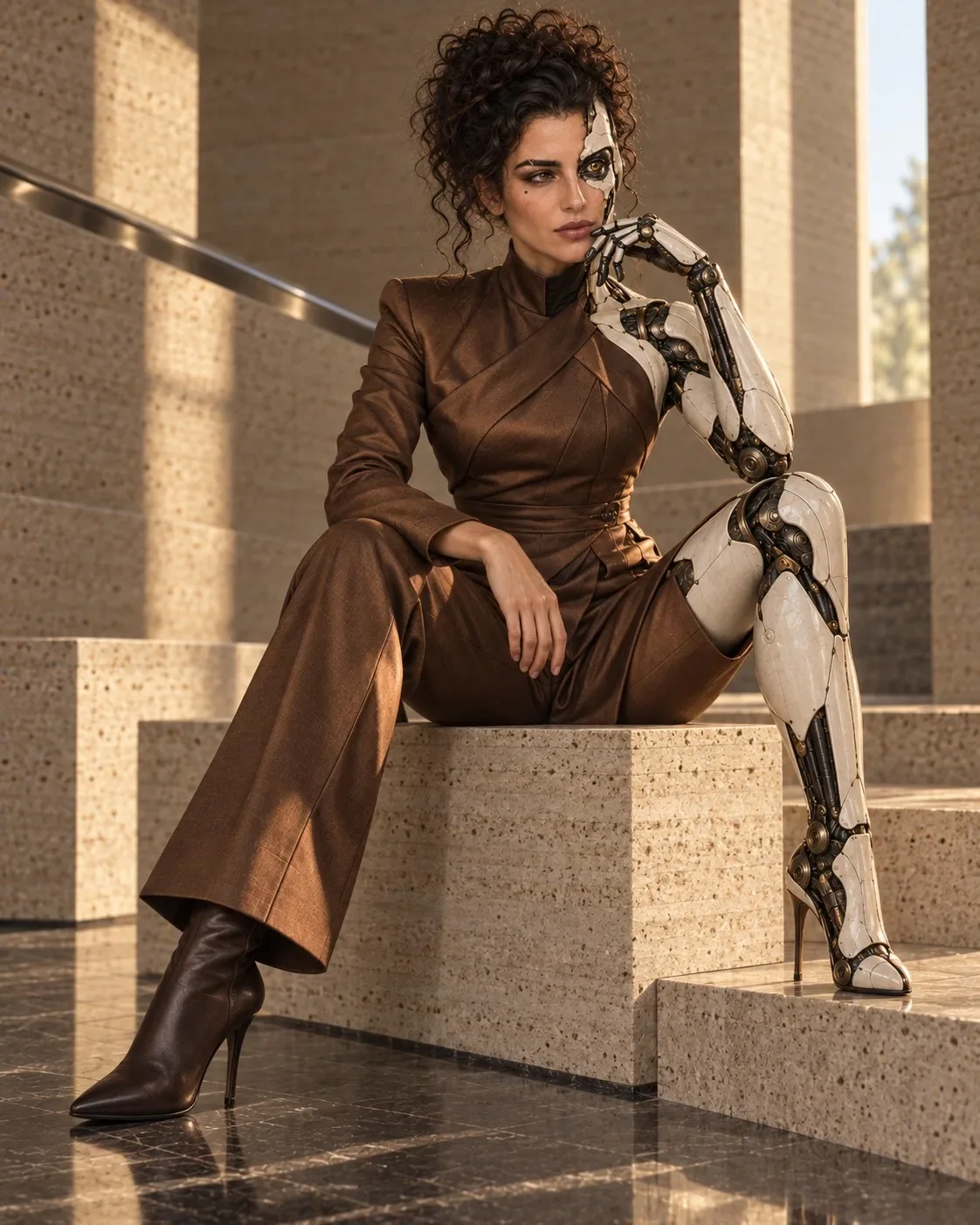 Studio portrait of synthetic hybrid talent Daphne Adler in a brown tailored suit with cybernetic details