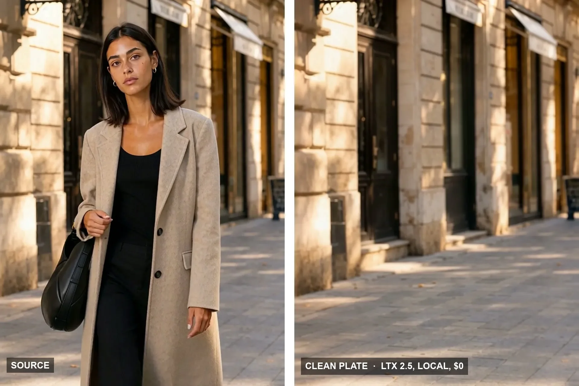 Before and after: a woman in a long beige coat walking down a sunlit stone street, and the same street with her, her handbag and her shadow removed by the LTX 2.5 Clean Plate adapter