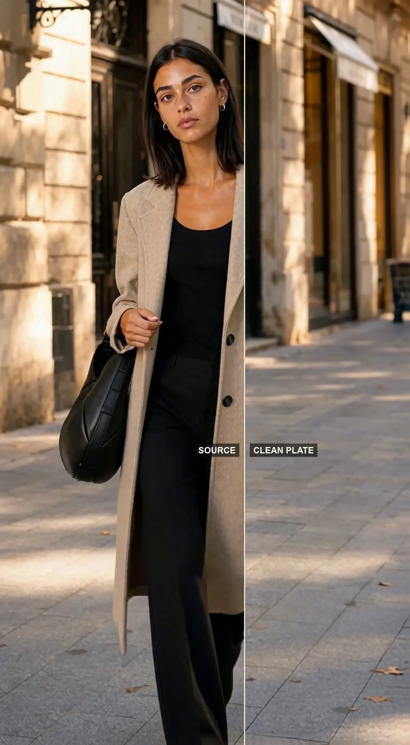 Before and after in one frame: the left side shows a woman in a long beige coat walking down a sunlit stone street, and from the dividing line onward the LTX 2.5 Clean Plate adapter has removed her, leaving only the empty street